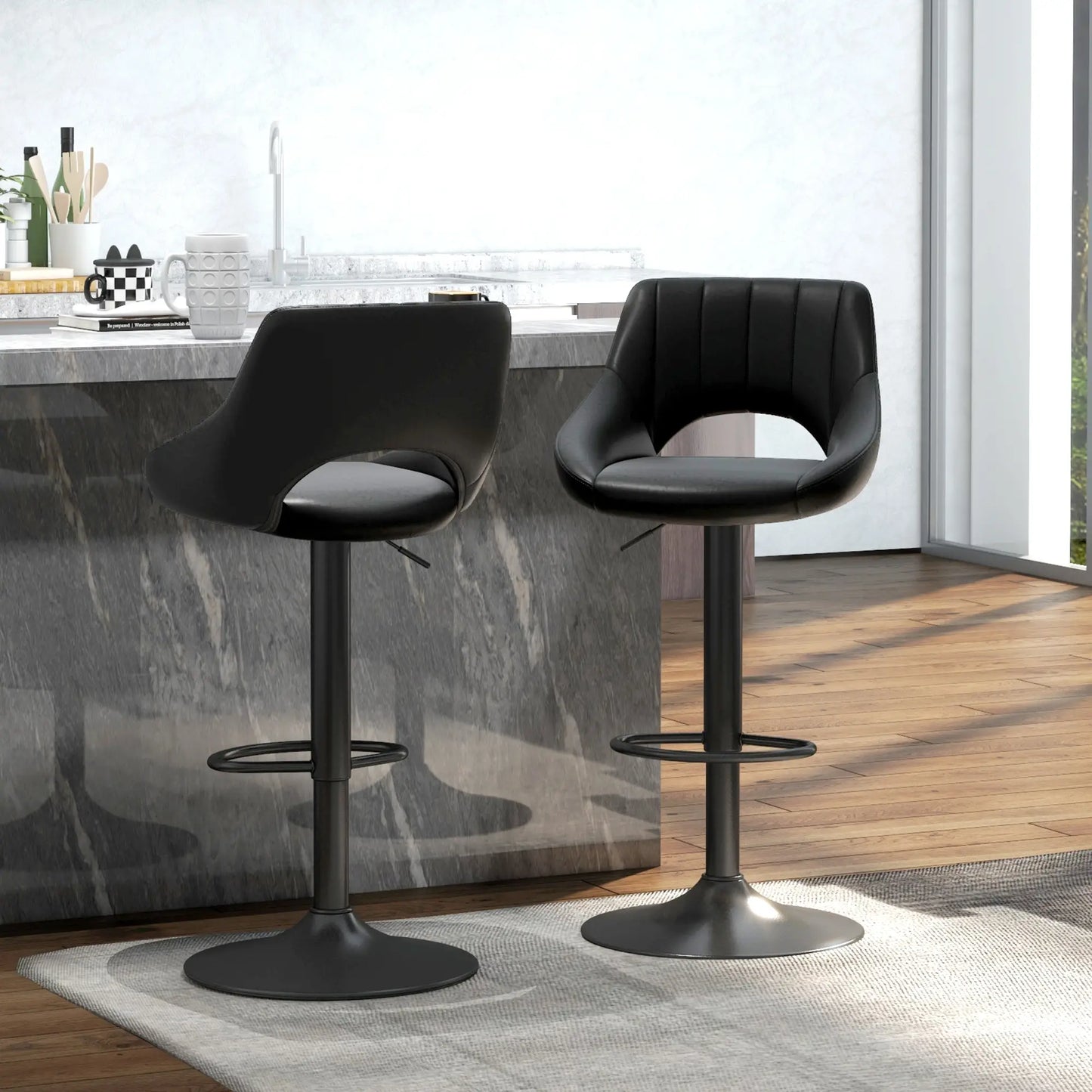 Swivel Bar Stools Set of 2, Faux Leather Upholstered Counter Height Barstools with Round Metal Base