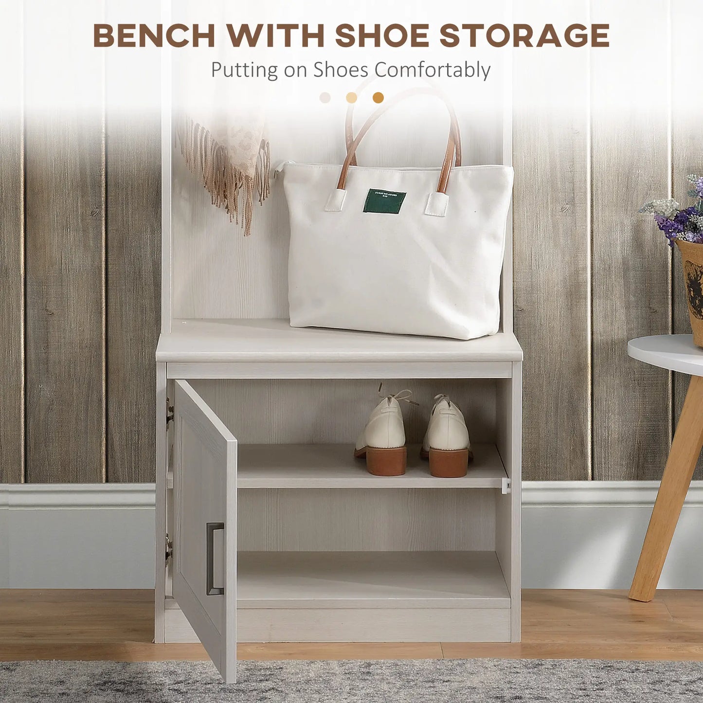 Rustic Hall Tree with Shoe Storage Bench, Coat Rack and Shelves, White