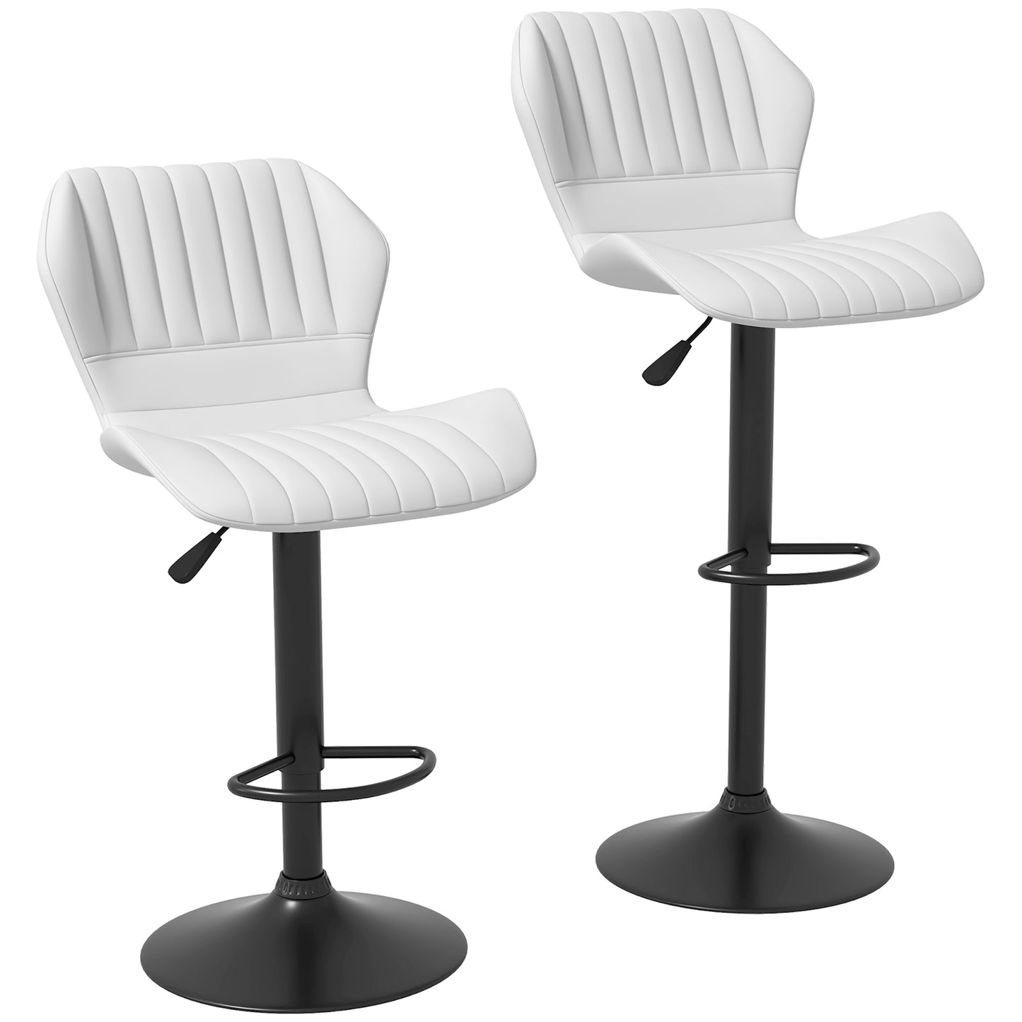 Shell Back Bar Stool Set of 2, PU Leather Adjustable Swivel Barstools with Chrome Base and Footrest for Kitchen Counter, Pub, White