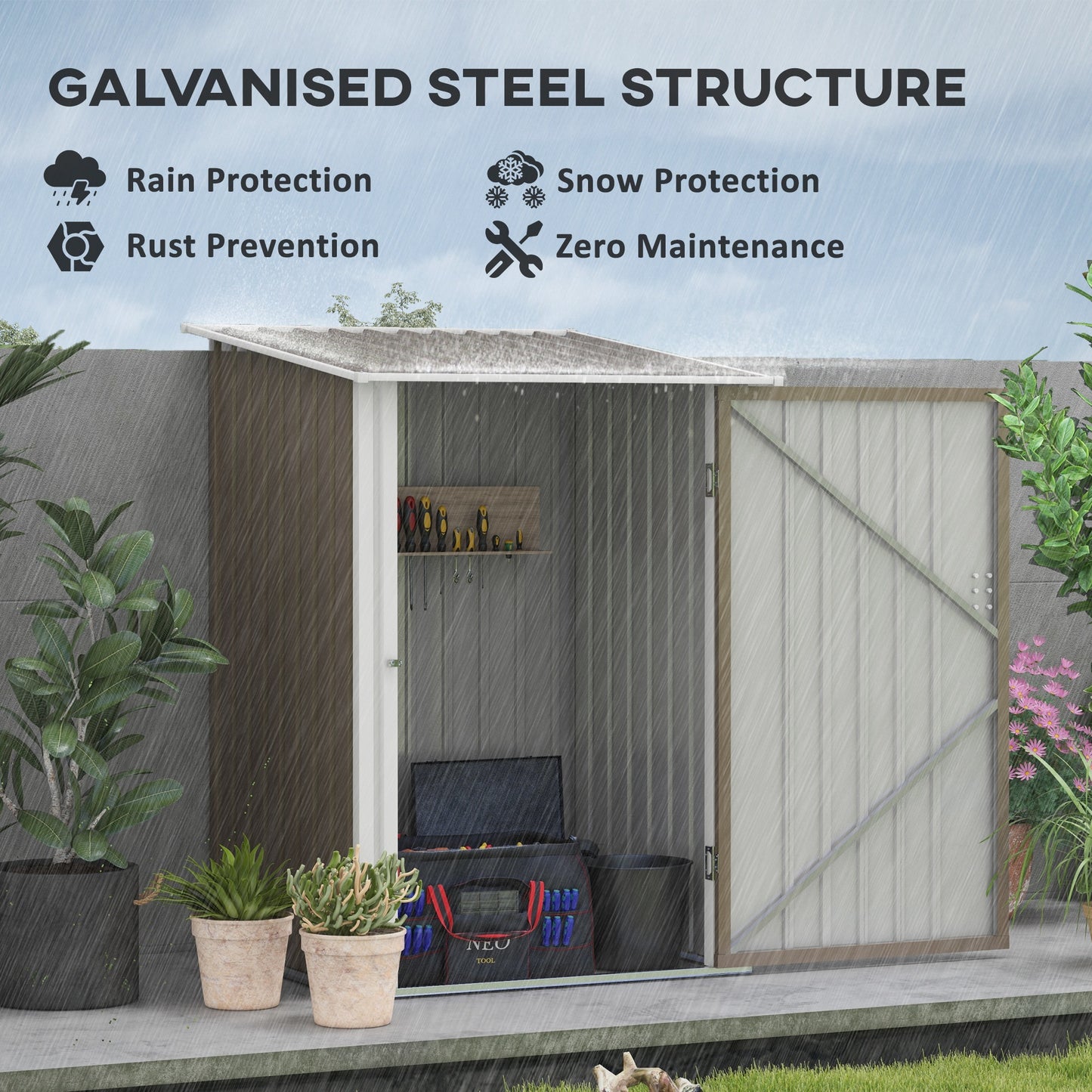 3.3' x 3.4' Lean-to Outdoor Garden Storage Shed, Galvanized Steel with Lockable Door for Patio Brown and White