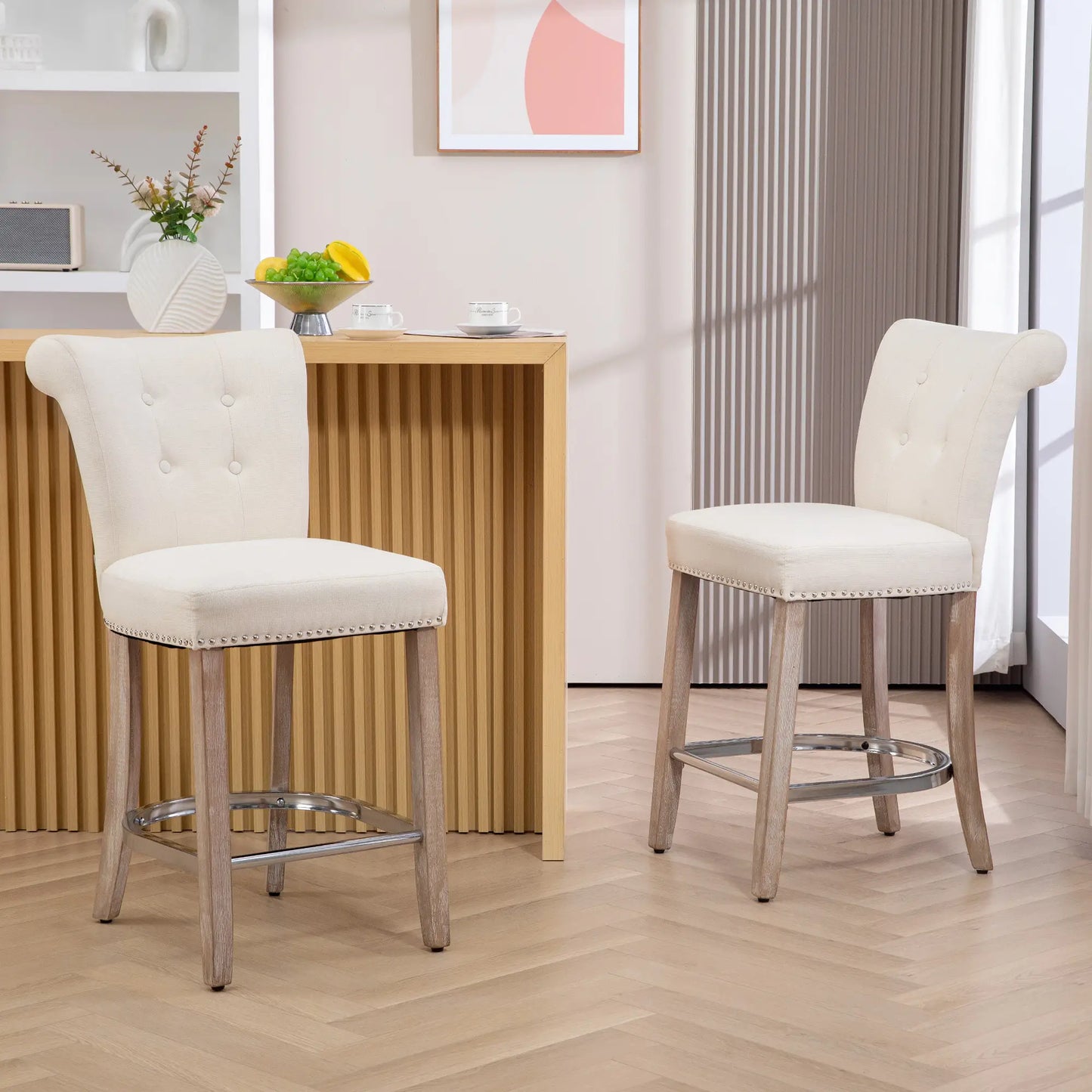 Bar Stools Set of 2, Upholstered Counter Height Stools with Button Tufted Back, Wood Legs and Footrest, in Cream White