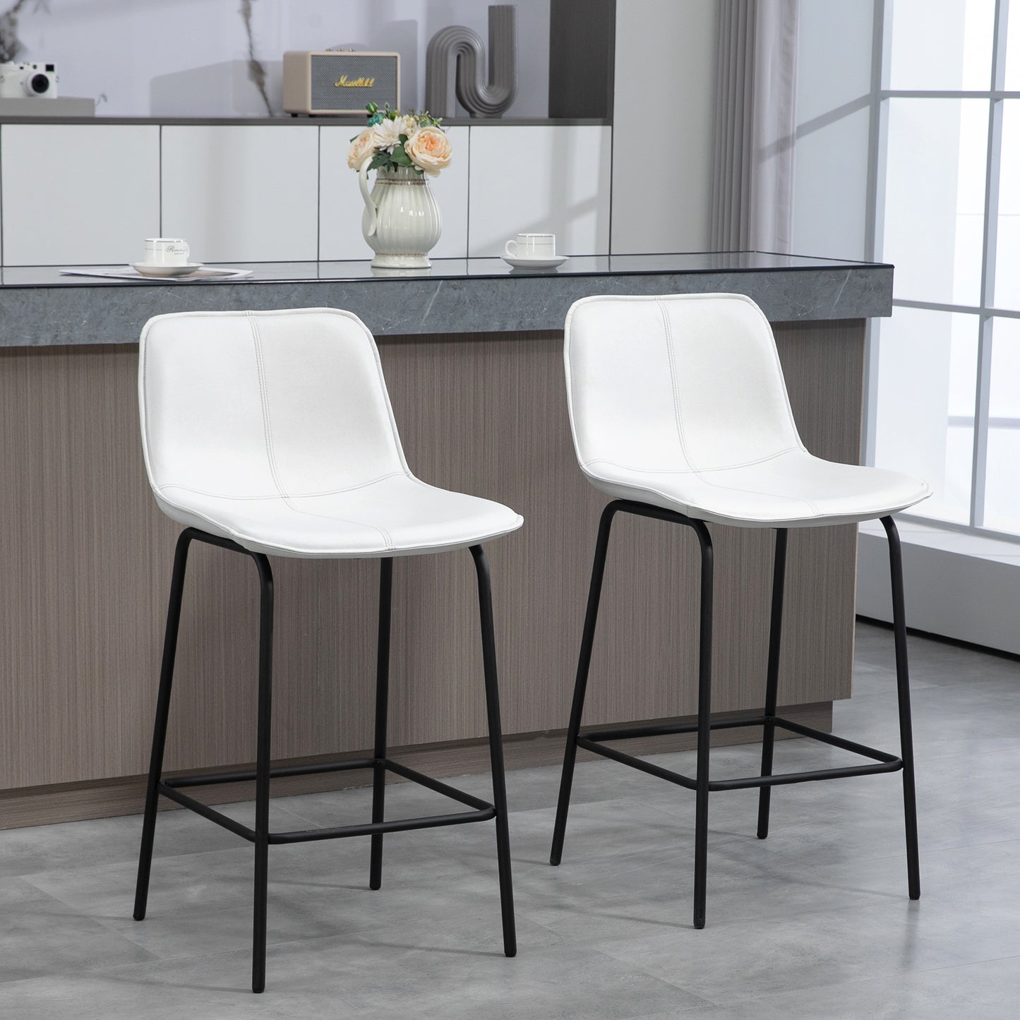 SET OF 2 Upholstered Bar Stools Counter Height with Steel Legs in White