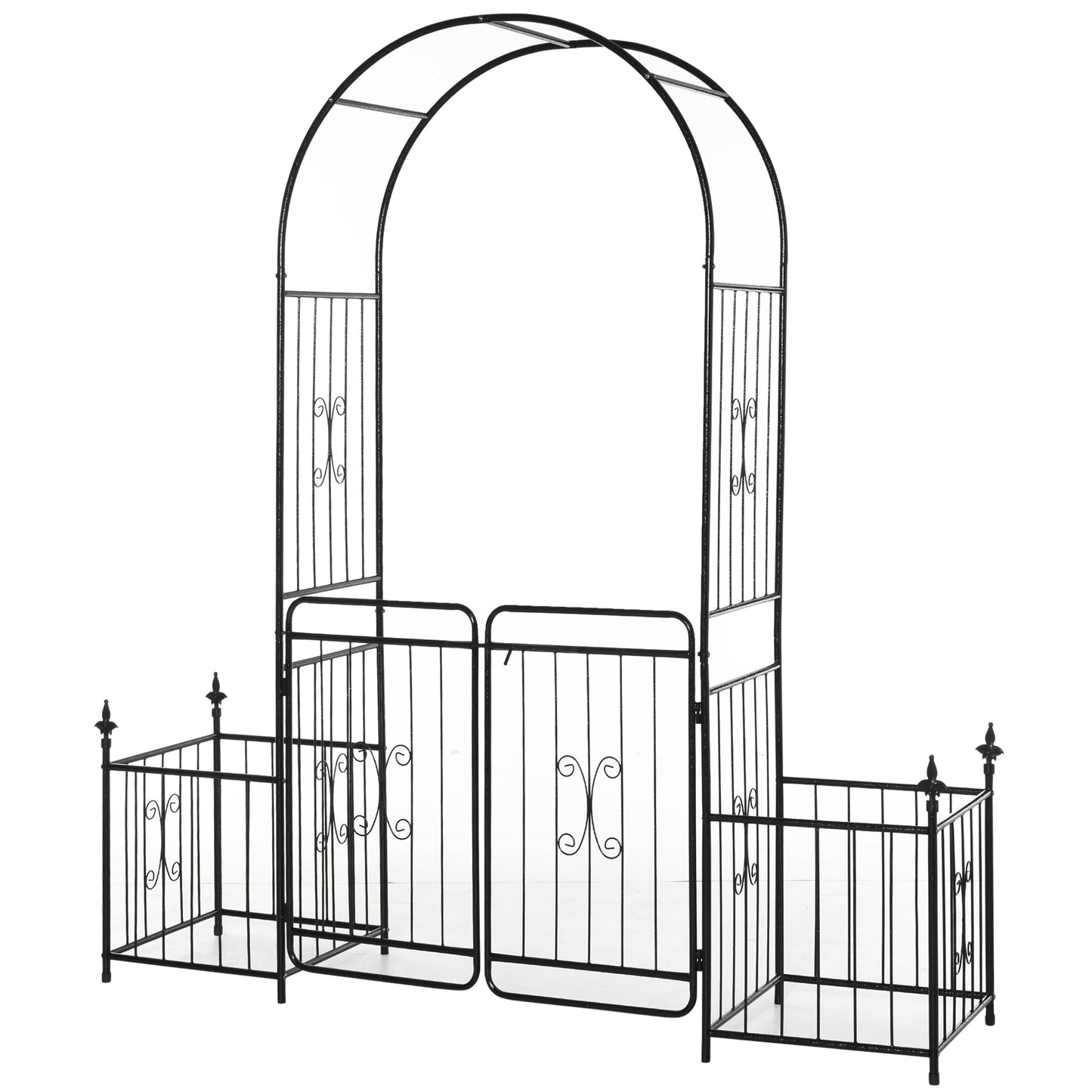 87" Metal Garden Arbor Arch with Double Doors, 2 Side Planter Baskets, Climbing Vine Frame, Black