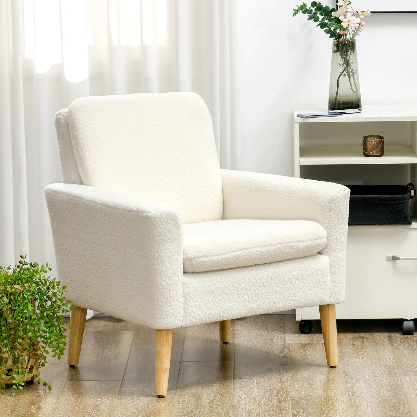 Fabric Accent Chair, Modern Upholstered with Wood Legs and Wide Padded Seat, in Cream White