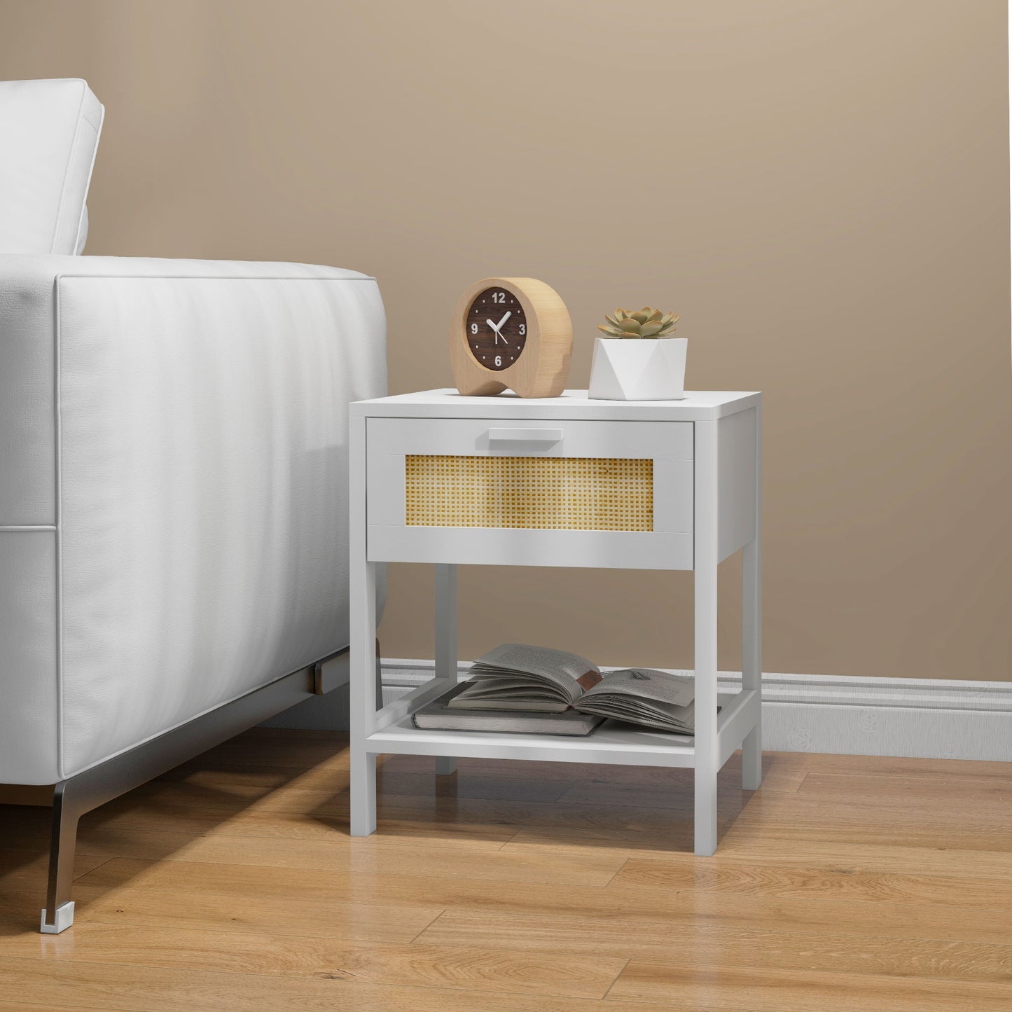 Modern Bedside Table, Accent Nightstand with Drawer and Open Shelf, Bed End Table for Bedroom, Living Room, White