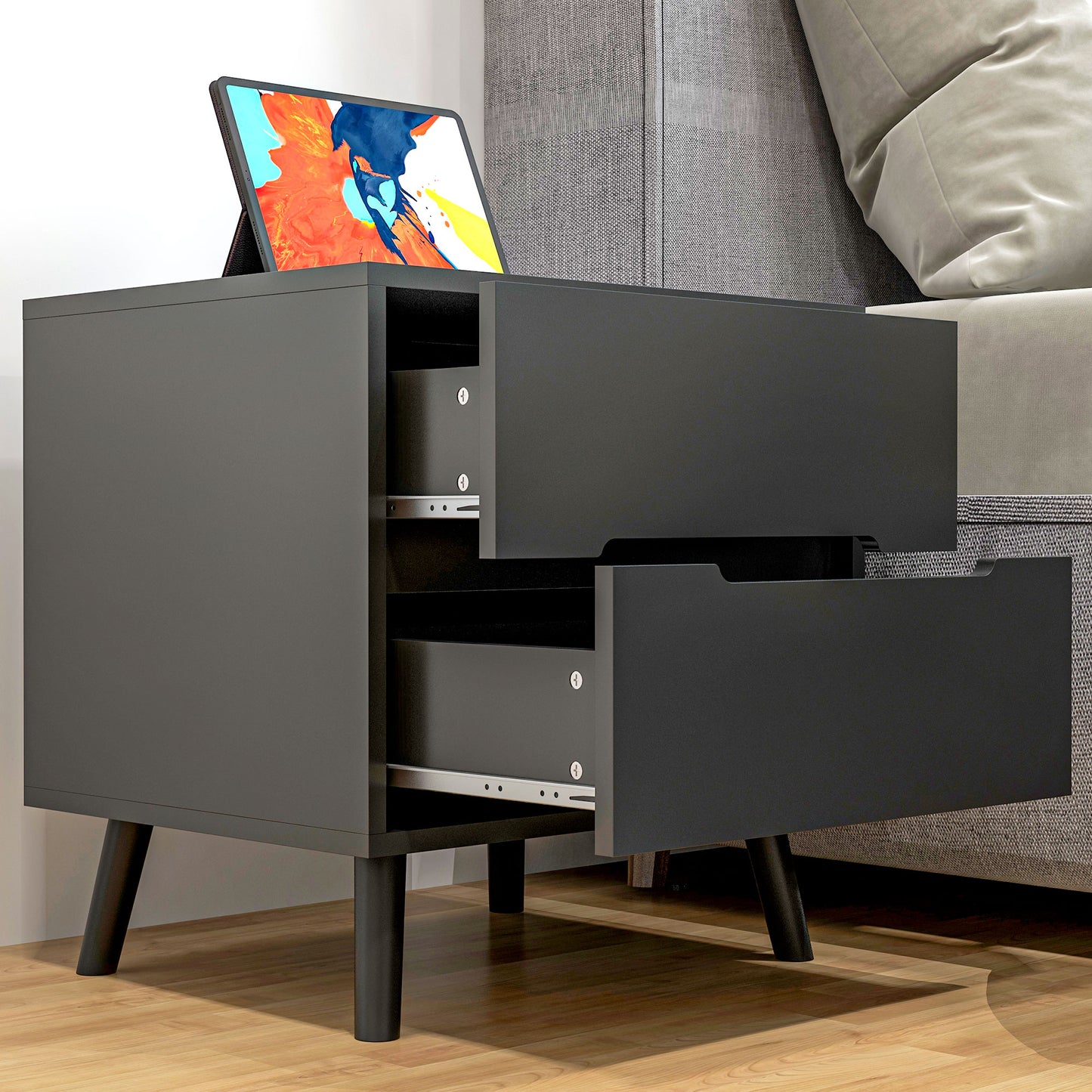 Modern Nightstand, Night Table with 2 Drawers, Bed End Table with Solid Wood Legs for Bedroom