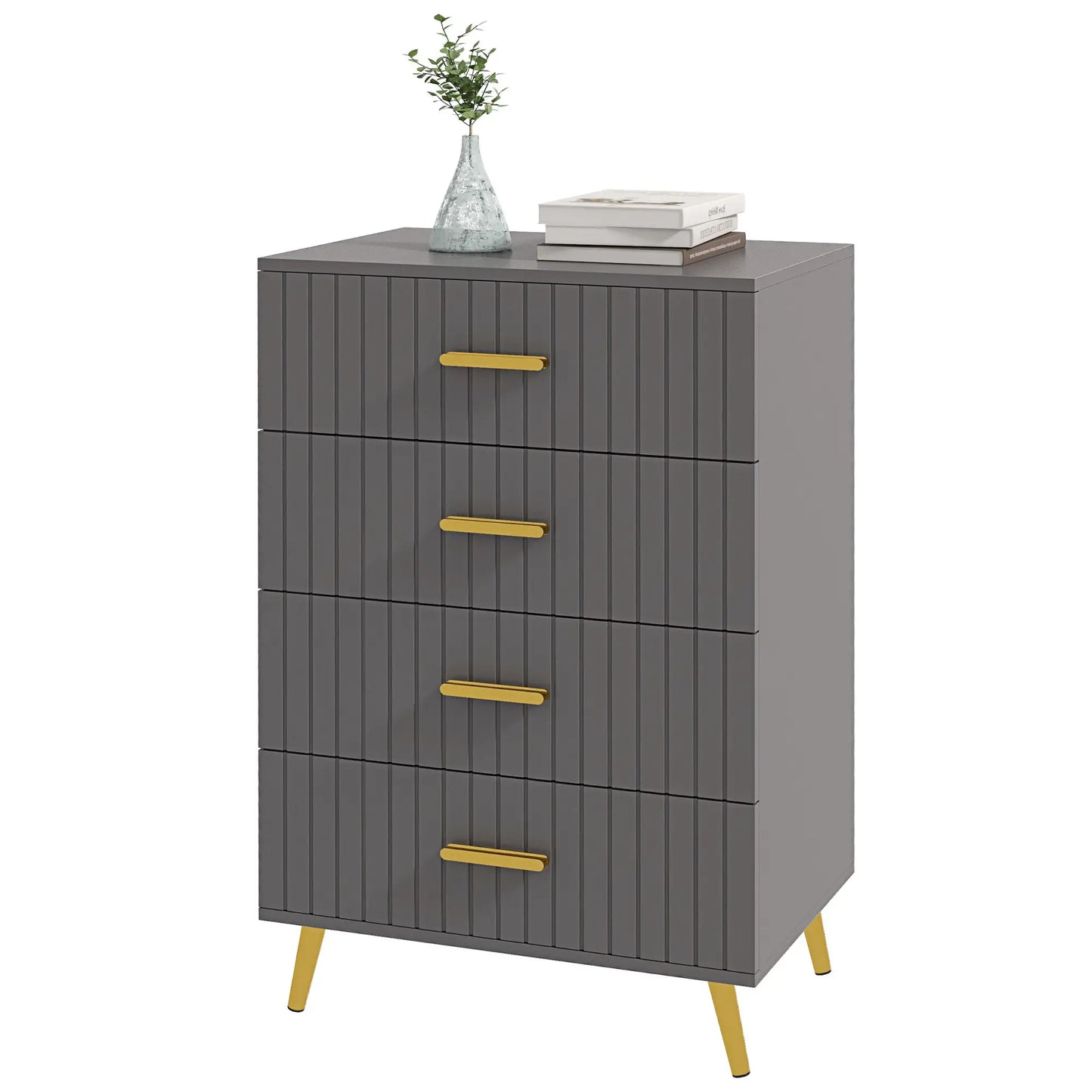 4 Drawer Dresser with Aluminium Legs and Gold Handles, in Dark Grey