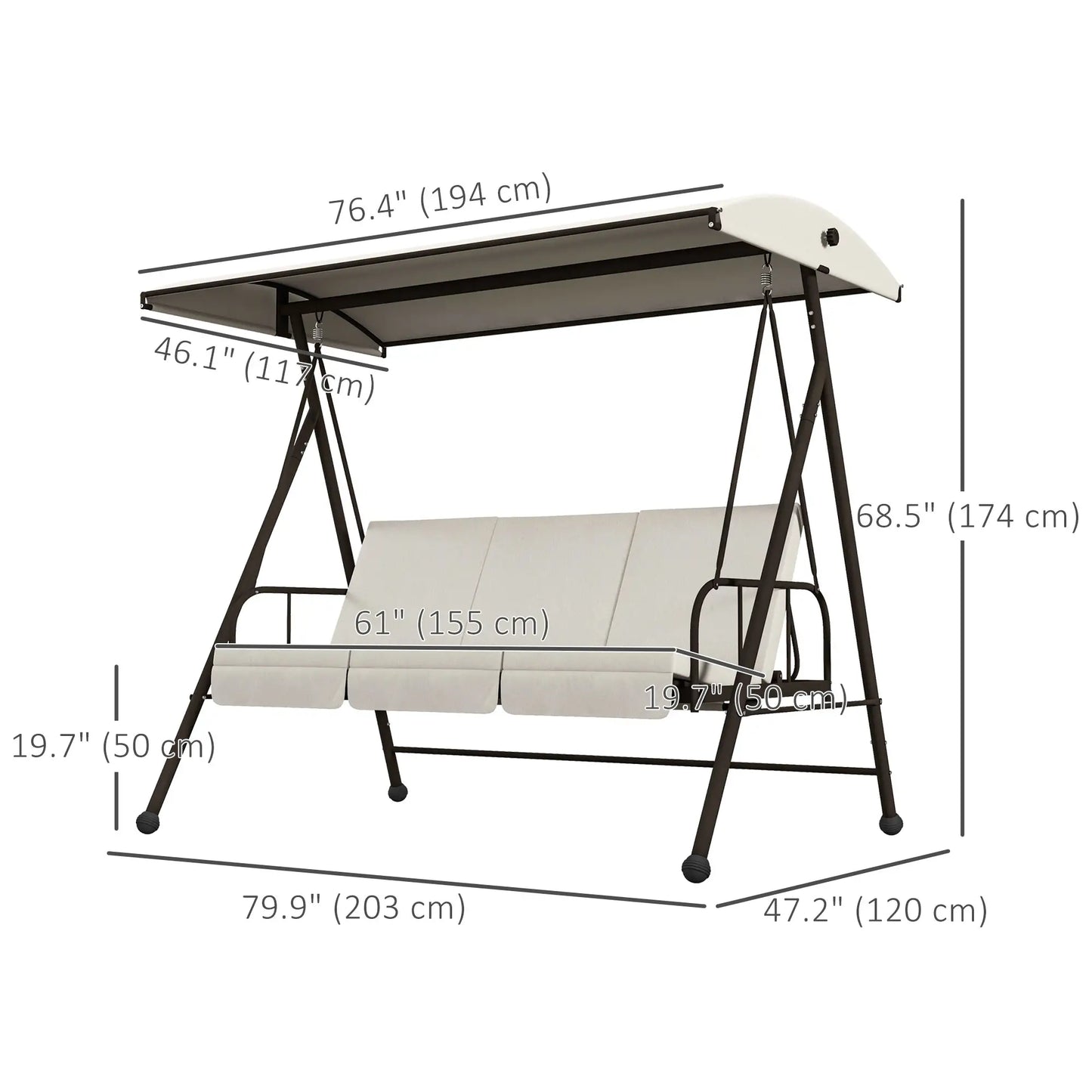 3-Seat Outdoor Porch Swing  with Adjustable Canopy, Removable Seat and Back Cushion