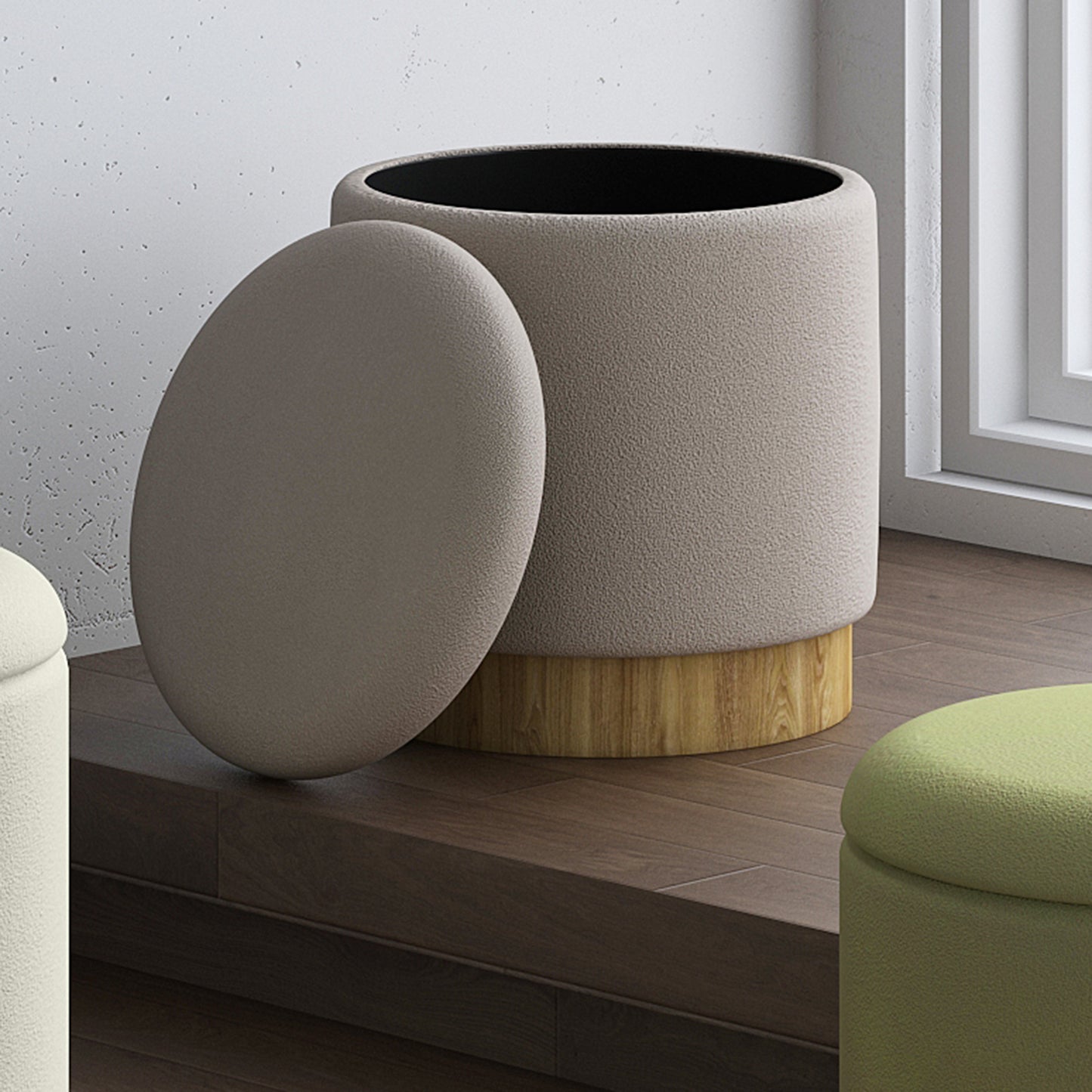 Alya Round Storage Ottoman in Warm Grey and Natural