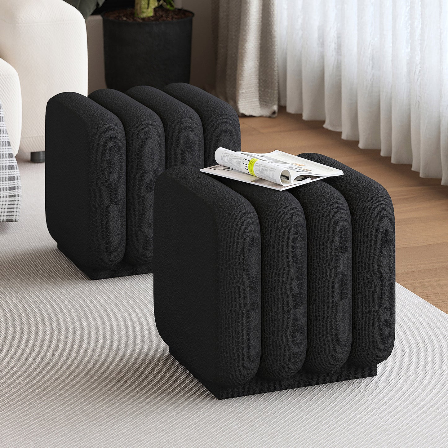 Rigel Small Square Ottoman in Black Boucle (1 Pc)