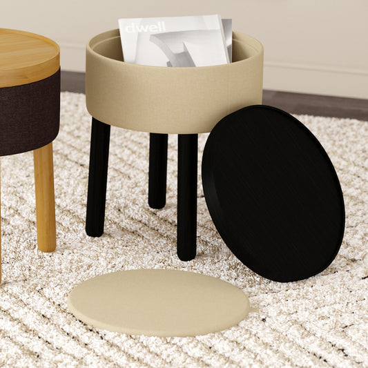 Round Storage Ottoman with Tray in Beige and Black