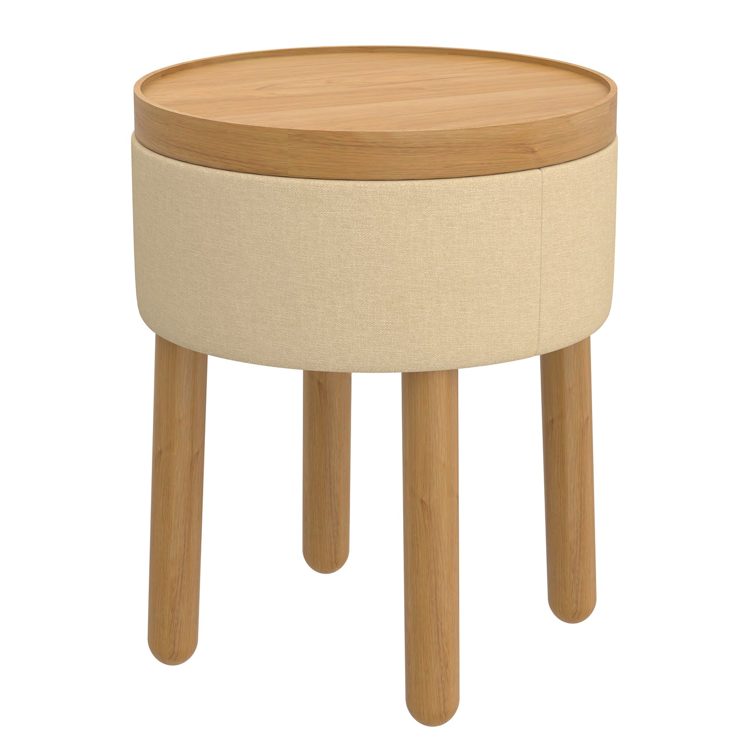 Round Storage Ottoman with Tray in Beige and Natural