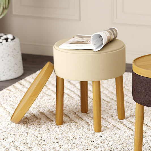 Round Storage Ottoman with Tray in Beige and Natural