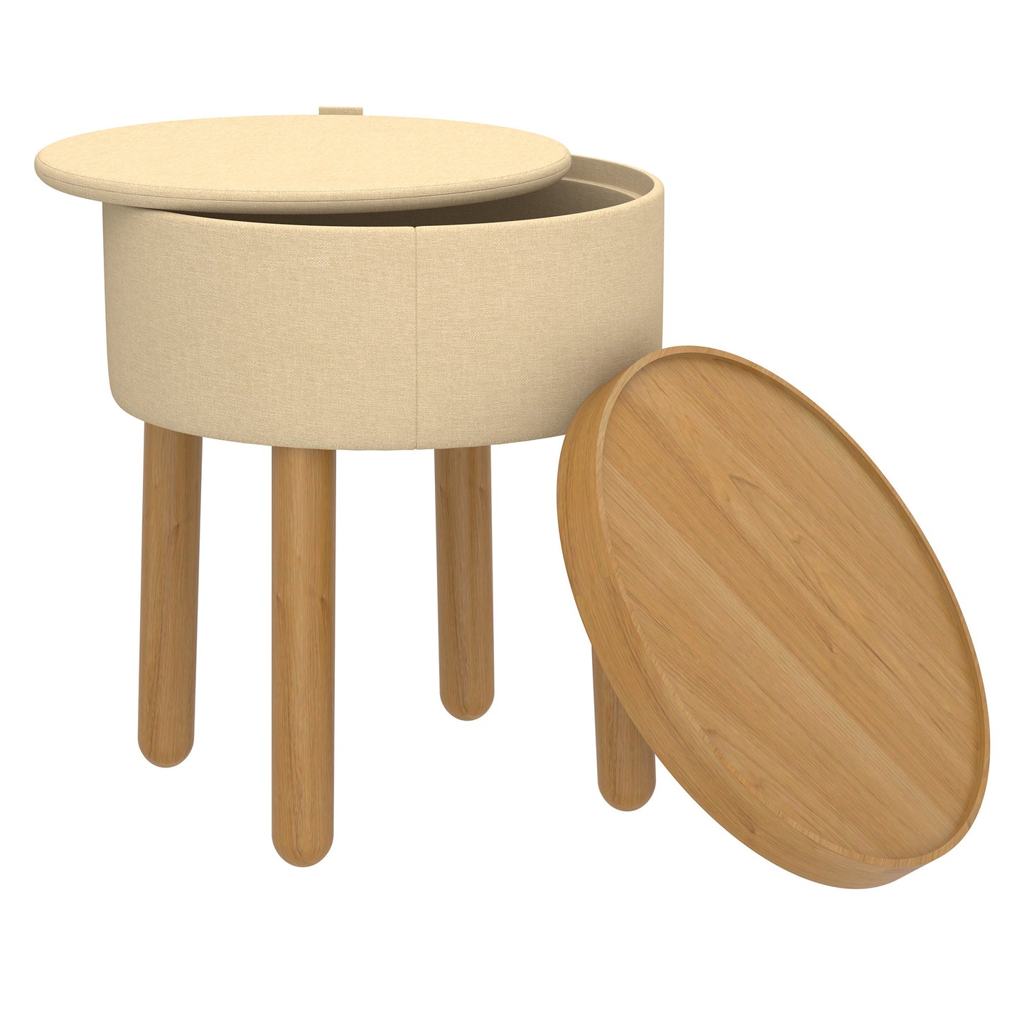 Round Storage Ottoman with Tray in Beige and Natural