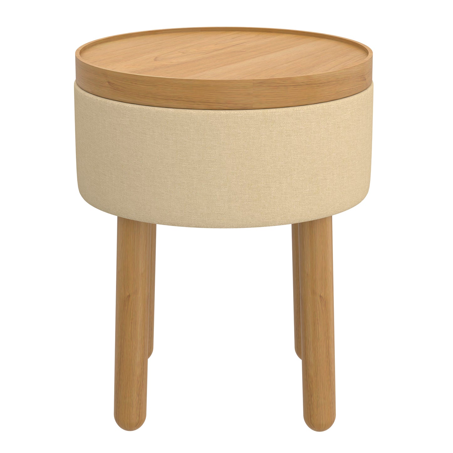 Round Storage Ottoman with Tray in Beige and Natural