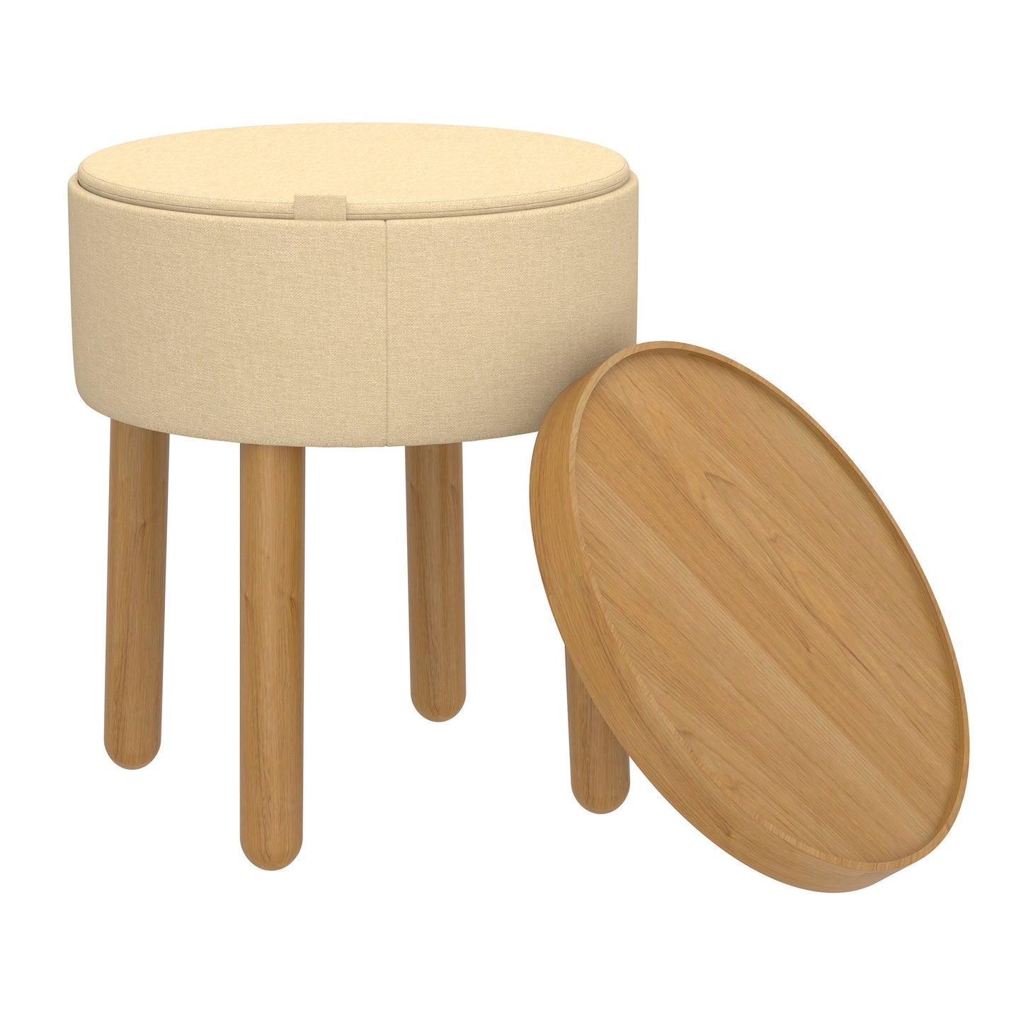 Round Storage Ottoman with Tray in Beige and Natural