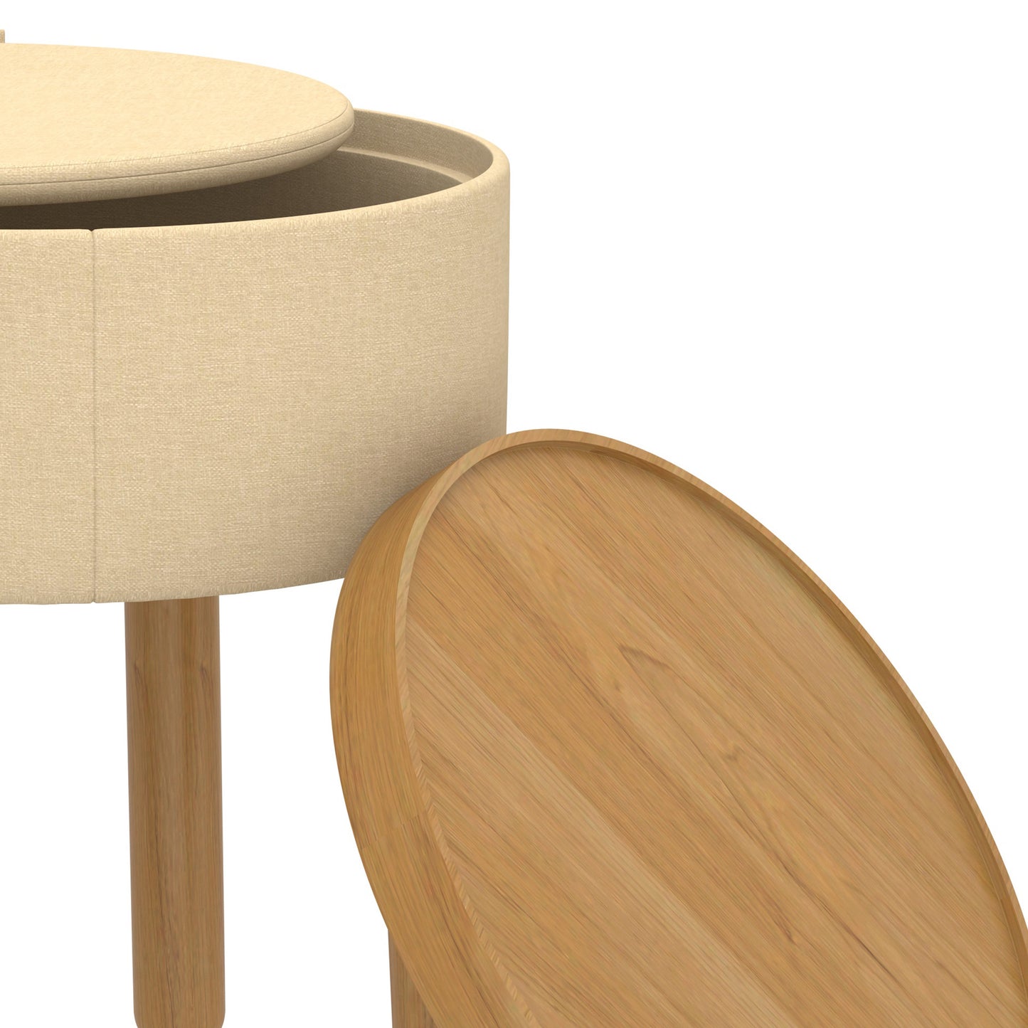 Round Storage Ottoman with Tray in Beige and Natural