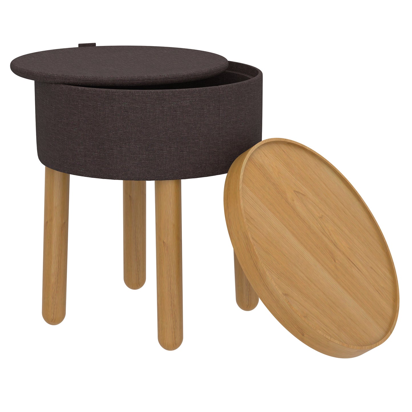 Round Storage Ottoman with Tray in Charcoal and Natural
