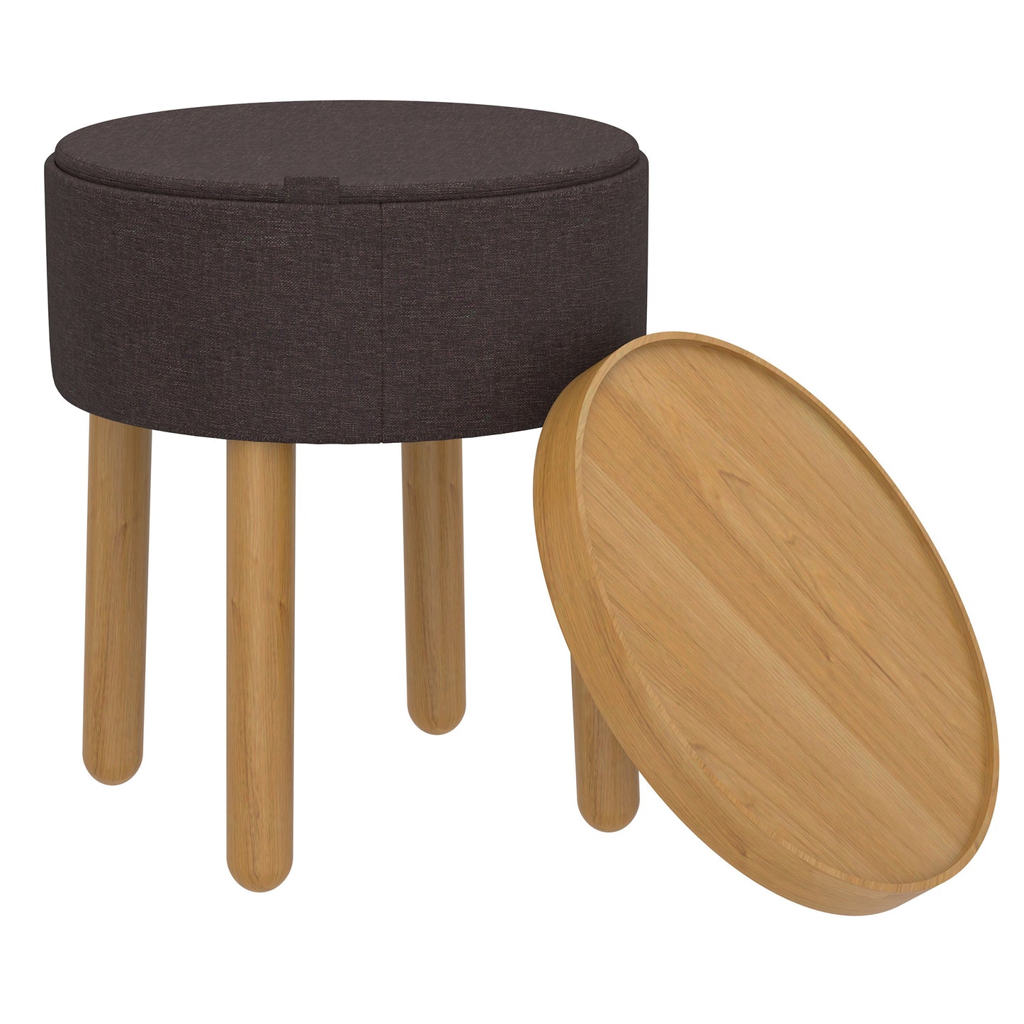 Round Storage Ottoman with Tray in Charcoal and Natural
