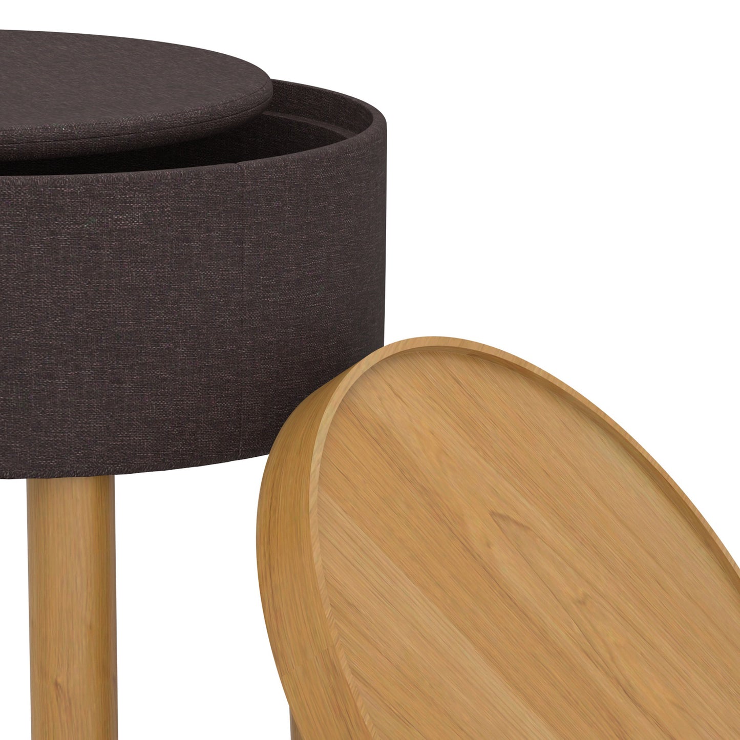 Round Storage Ottoman with Tray in Charcoal and Natural
