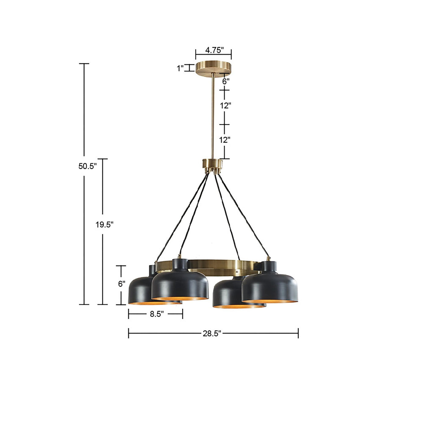 Modern Mid-Century Iron Metal Chandelier, Black/Gold