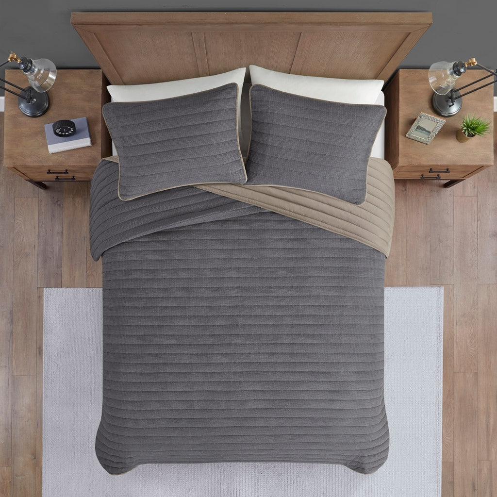 3-Piece Crinkled Microfiber Quilt Set, Charcoal Gray