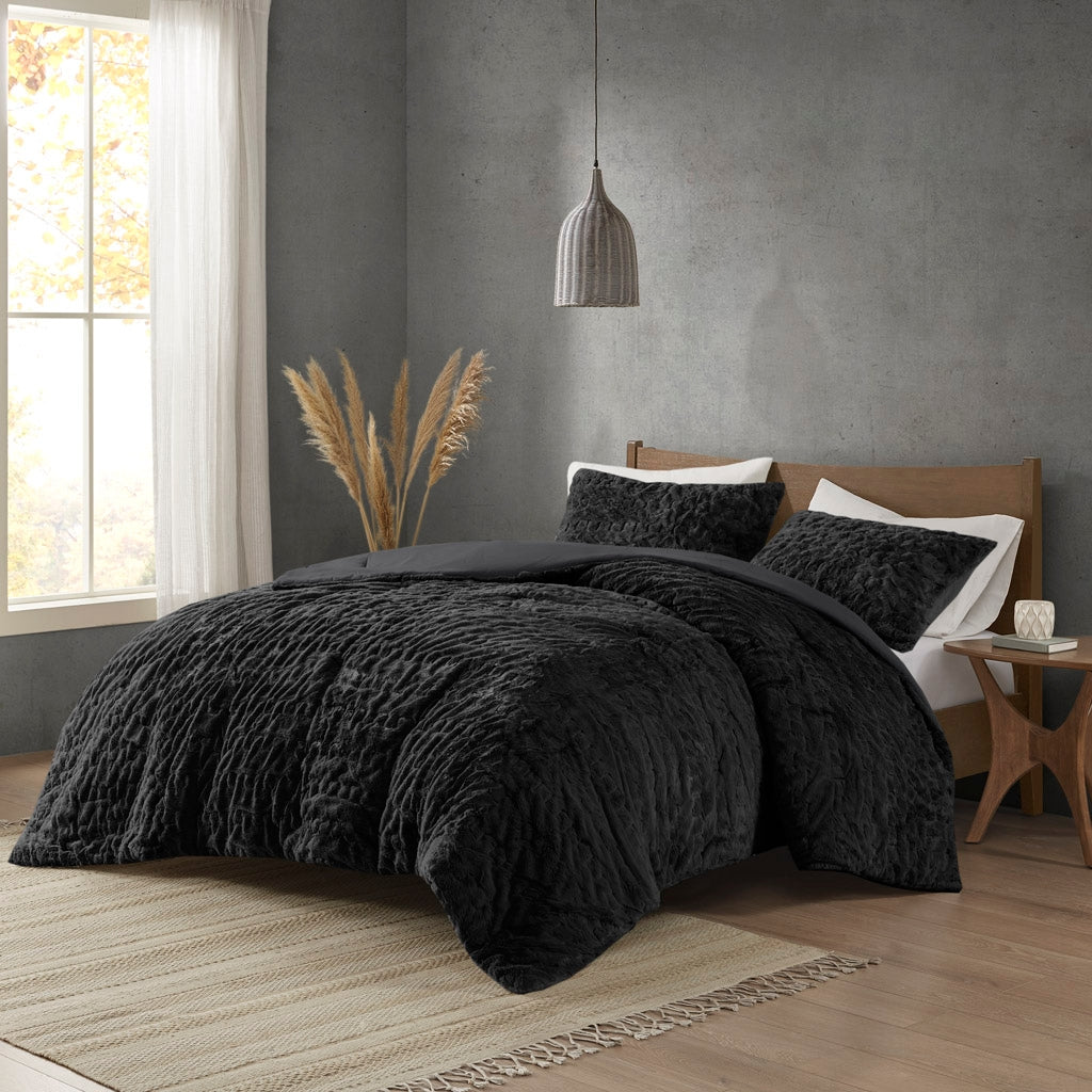 Ruched Faux Fur All-Season Comforter Set, Black