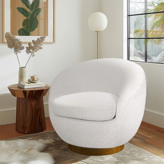 Cream Shearling Sherpa Swivel Accent Chair with Wood Base