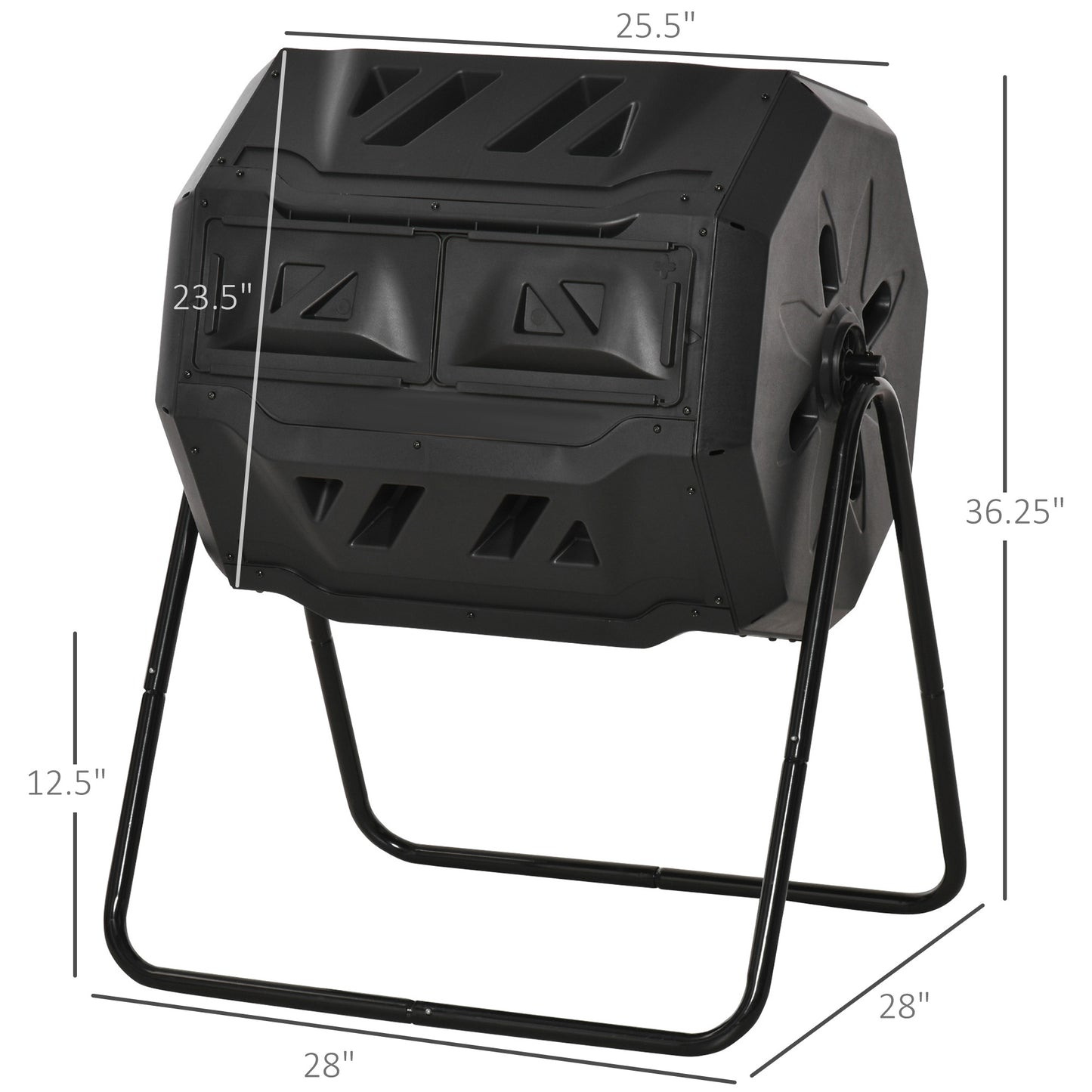 Tumbling Compost Bin Outdoor Dual Chamber 360° Rotating Composter 43 Gallon w/ Sliding Doors & Solid Steel Frame, Black