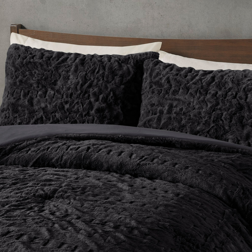 Ruched Faux Fur All-Season Comforter Set, Black