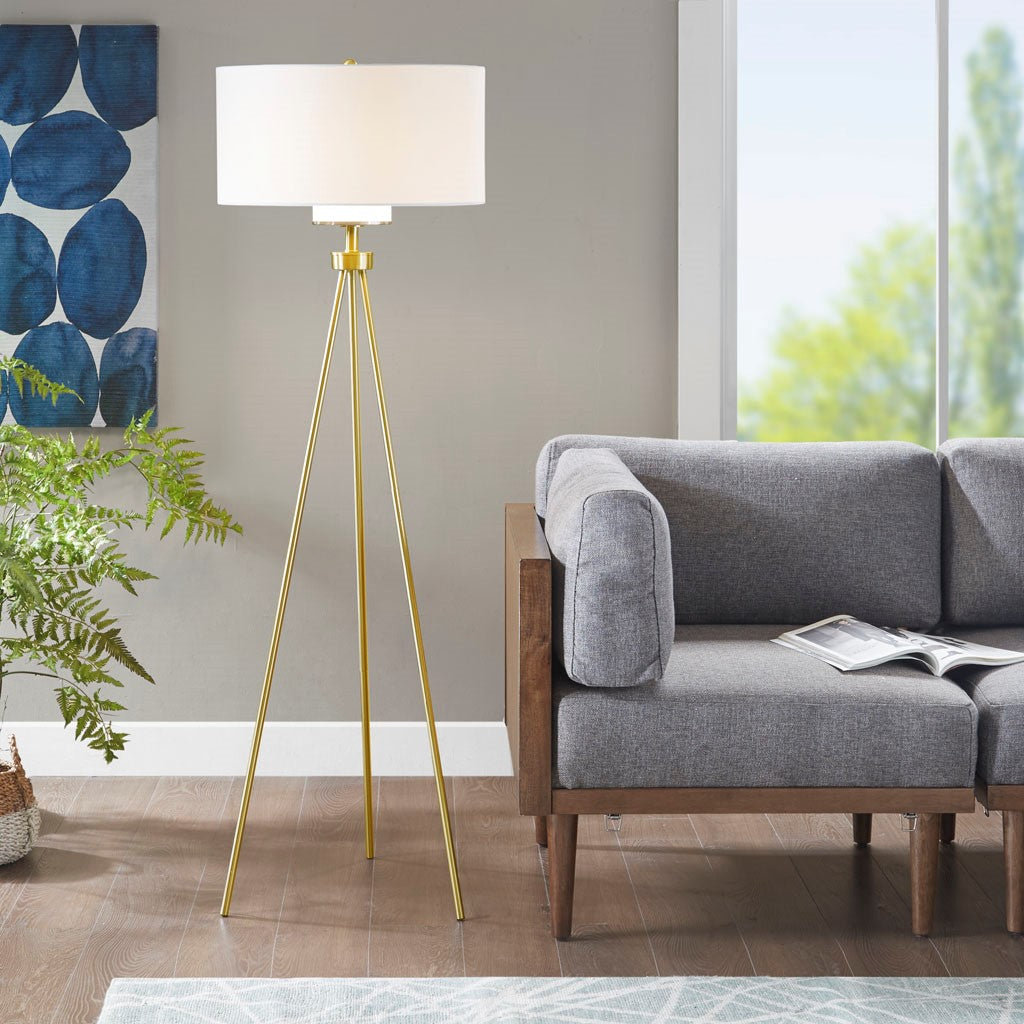 Gold Base Tripod White Shade Floor Lamp