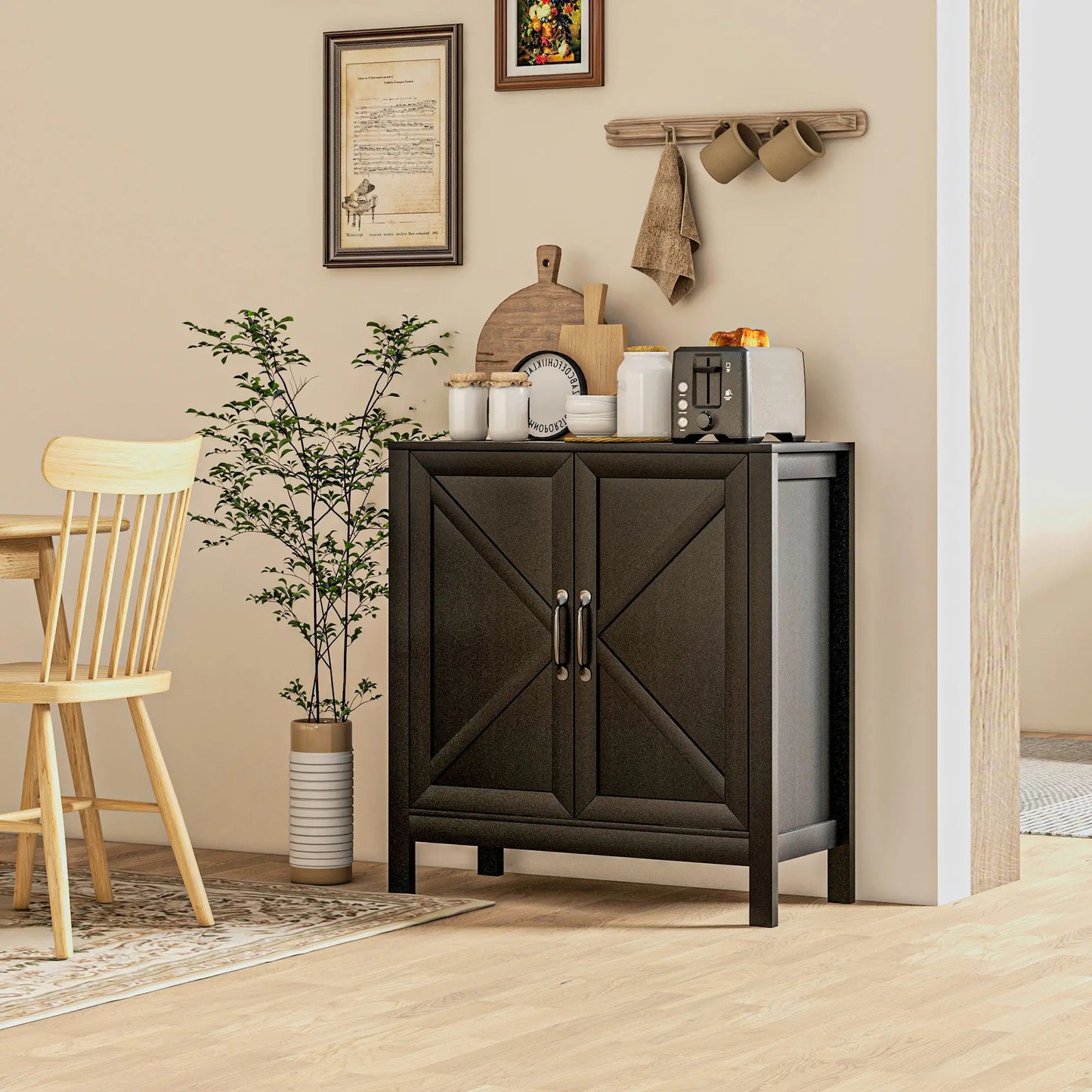 Small Sideboard Buffet or Entryway with Barn Door and Adjustable Shelves, Black