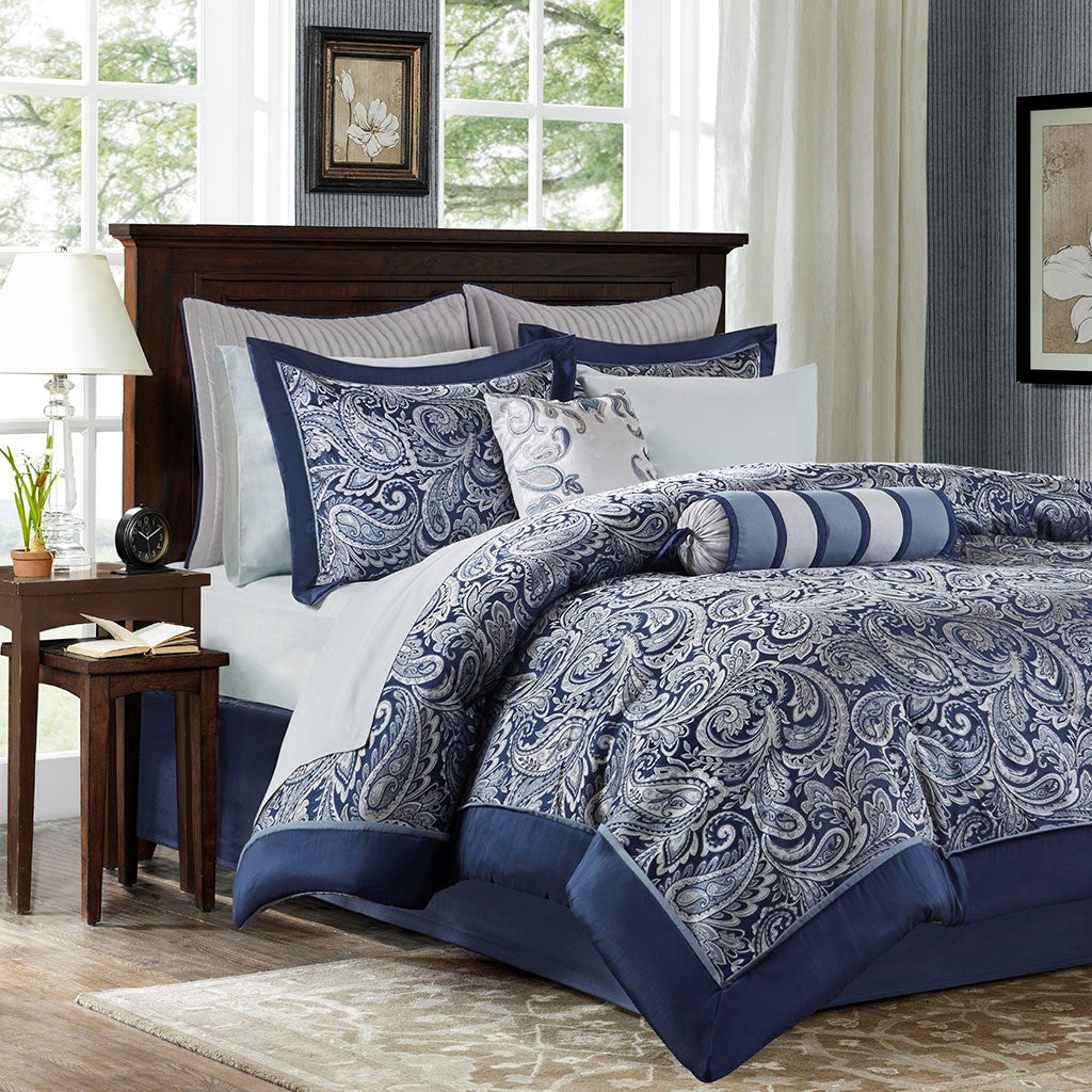 Paisley 12-Piece Complete Comforter Set and Sheet Set, Blue