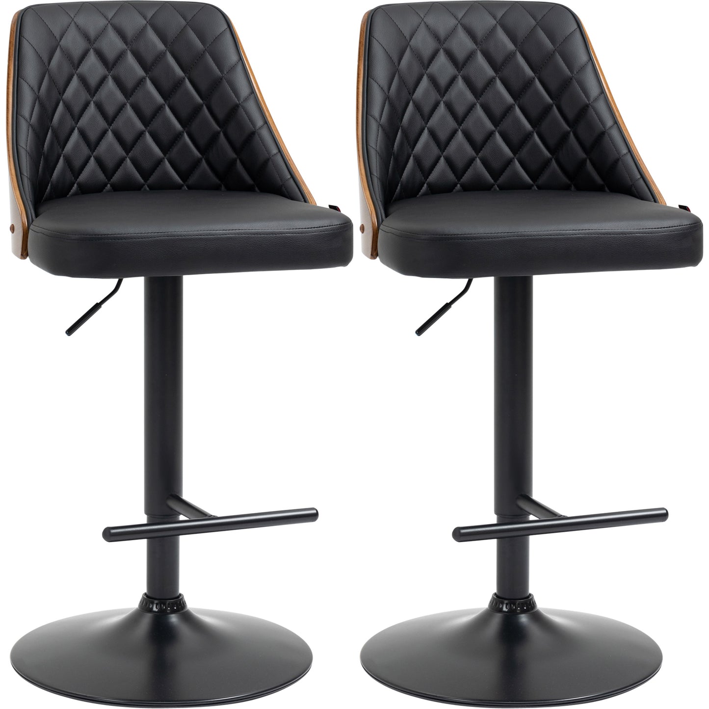 Adjustable Bar Stools Set of 2 Swivel Counter Height Barstools Chairs, PU Leather Solid Wood Back and Footrest, Black