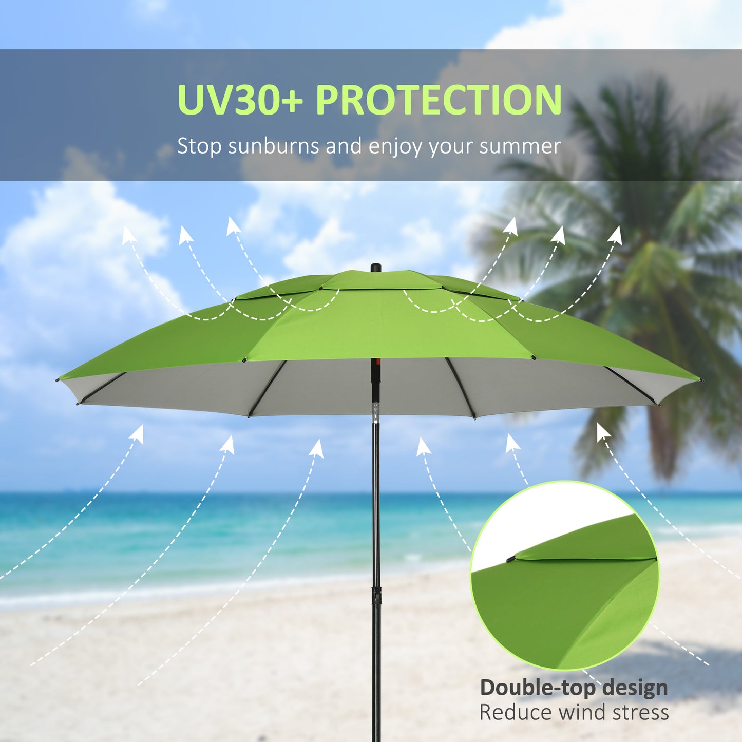 6.6ft Arced Beach Umbrella Angle Adjustable Patio Umbrella w/ Steel Frame, Carry Bag, UV30+ Outdoor Umbrella, Green