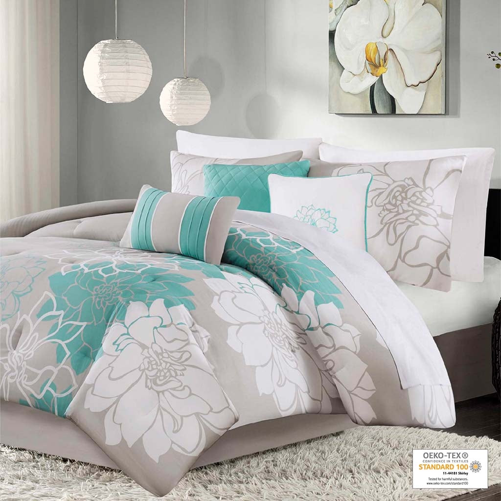 Spring Floral Comforter Set, Aqua Blue