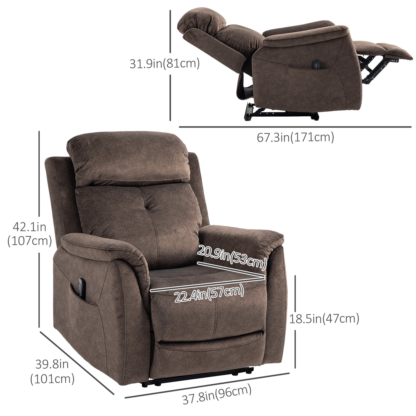 Manual Recliner Chair with Vibration Massage, Reclining with Side Pockets, in Brown