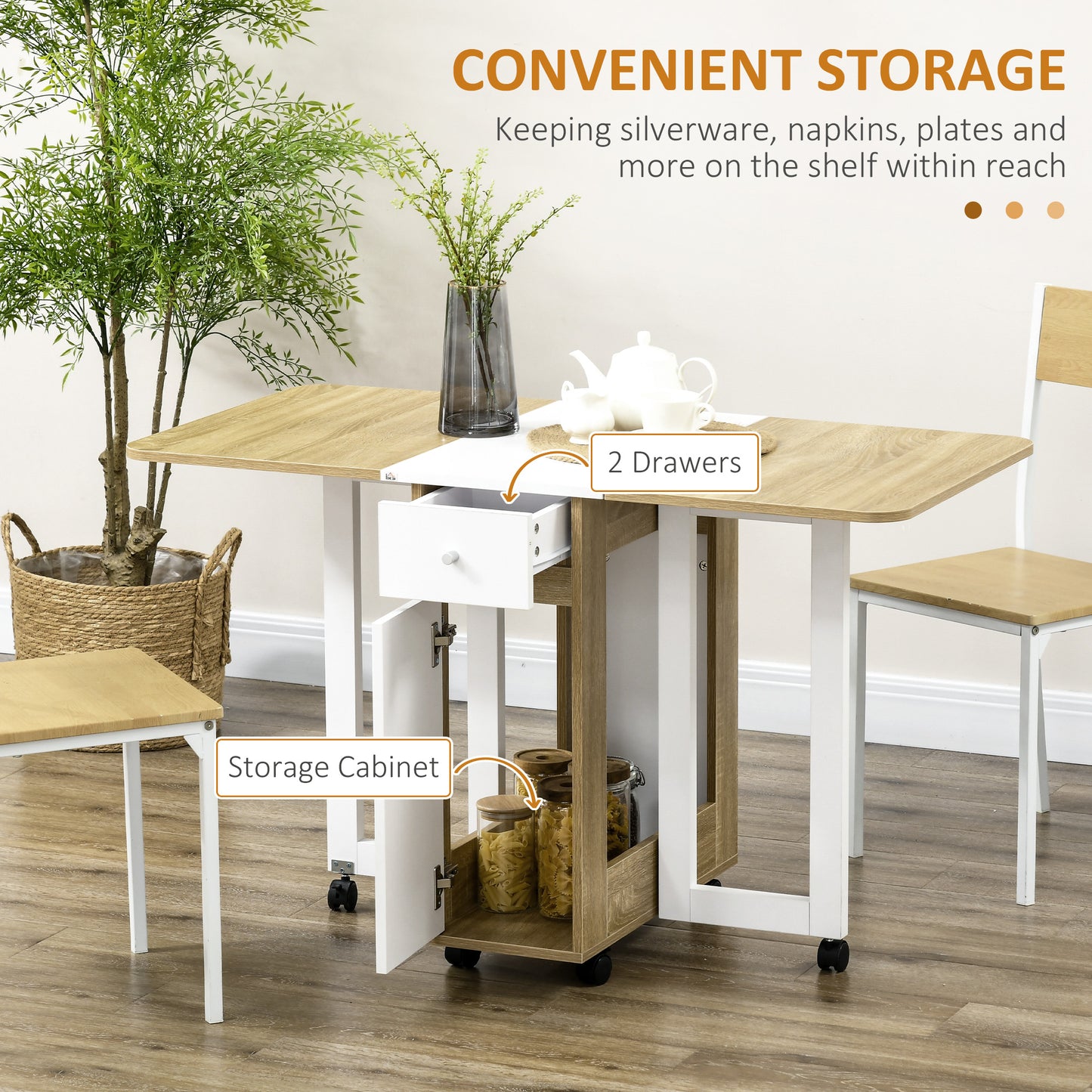 Foldable Dining Table, Movable Drop Leaf Table for Small Spaces with 2 Drawers