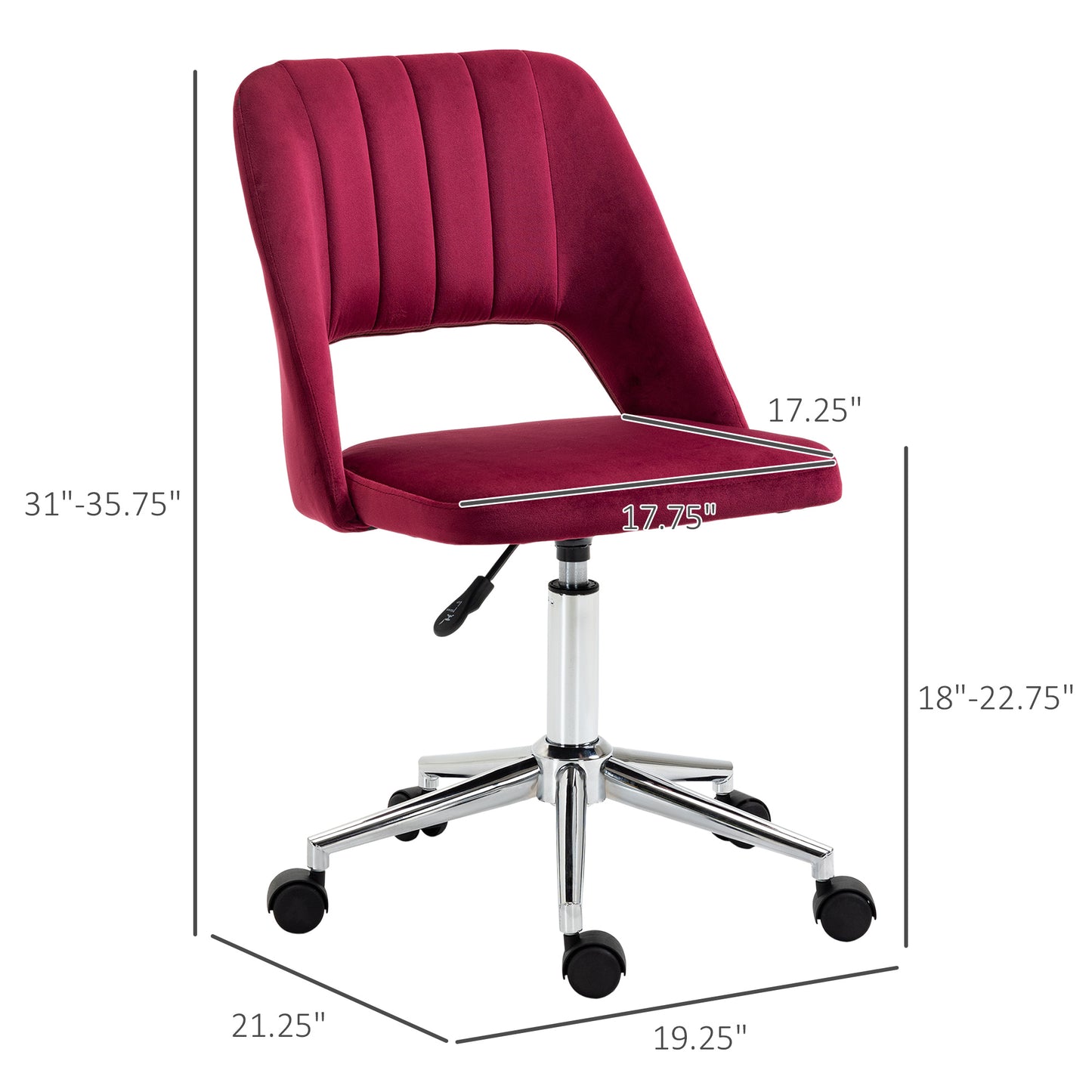 Mid Back Office Chair Velvet Fabric Swivel Scallop Shape Computer Desk Chair, Red