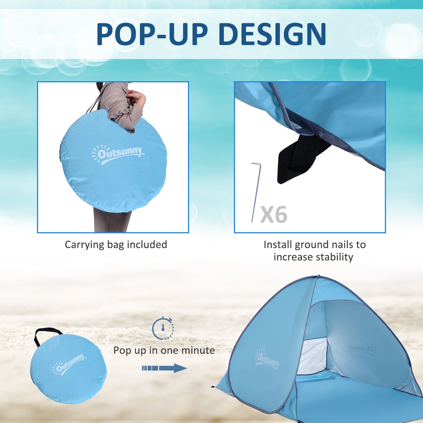 Outsunny Pop Up Beach Tent Portable Sun Shelter UV Protection Outdoor Patio with Carry Case & Stakes Blue