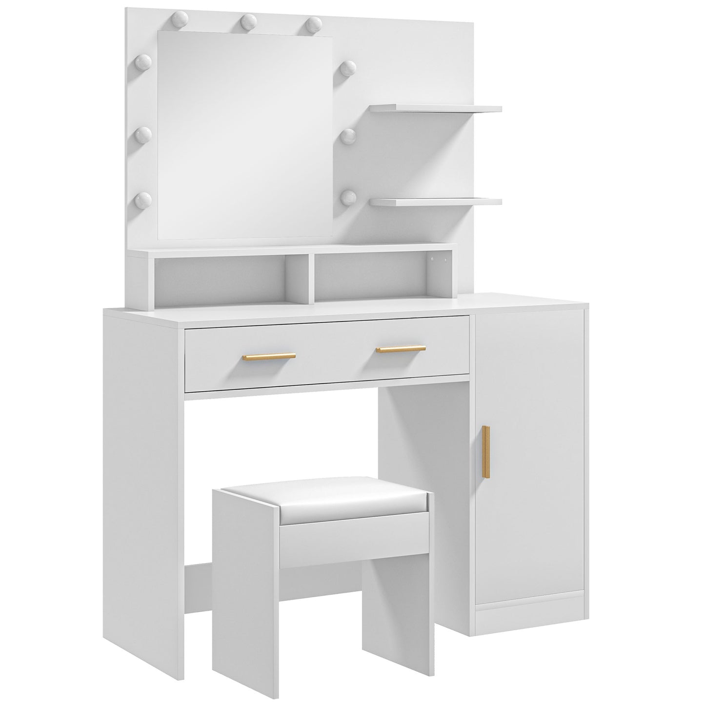 Illuminated Dressing Table Set, LED Vanity Table Set with Stool, LED Mirror, Drawer and Cabinet Shelves for Bedroom