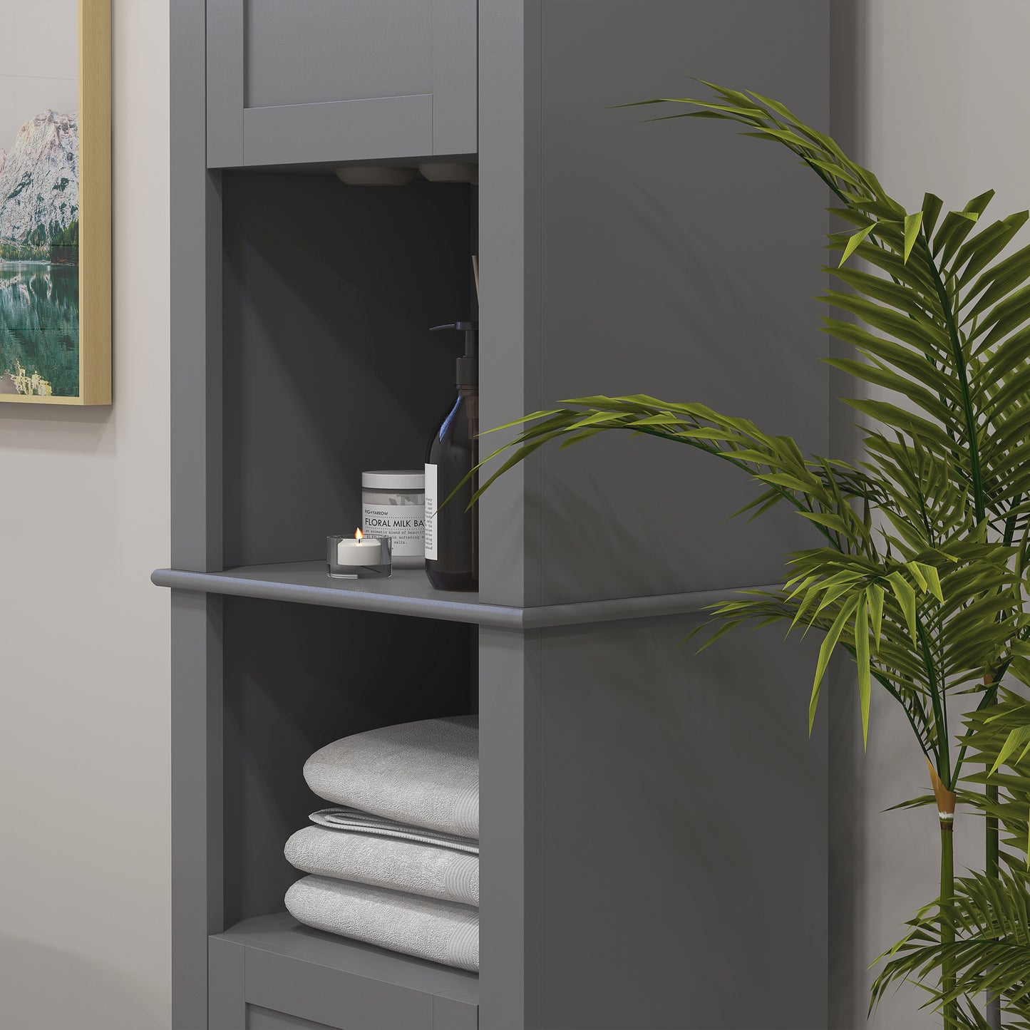 Tall Bathroom Linen Cabinet, Freestanding with Open Shelves and 2 Cupboards, Narrow Storage , Grey