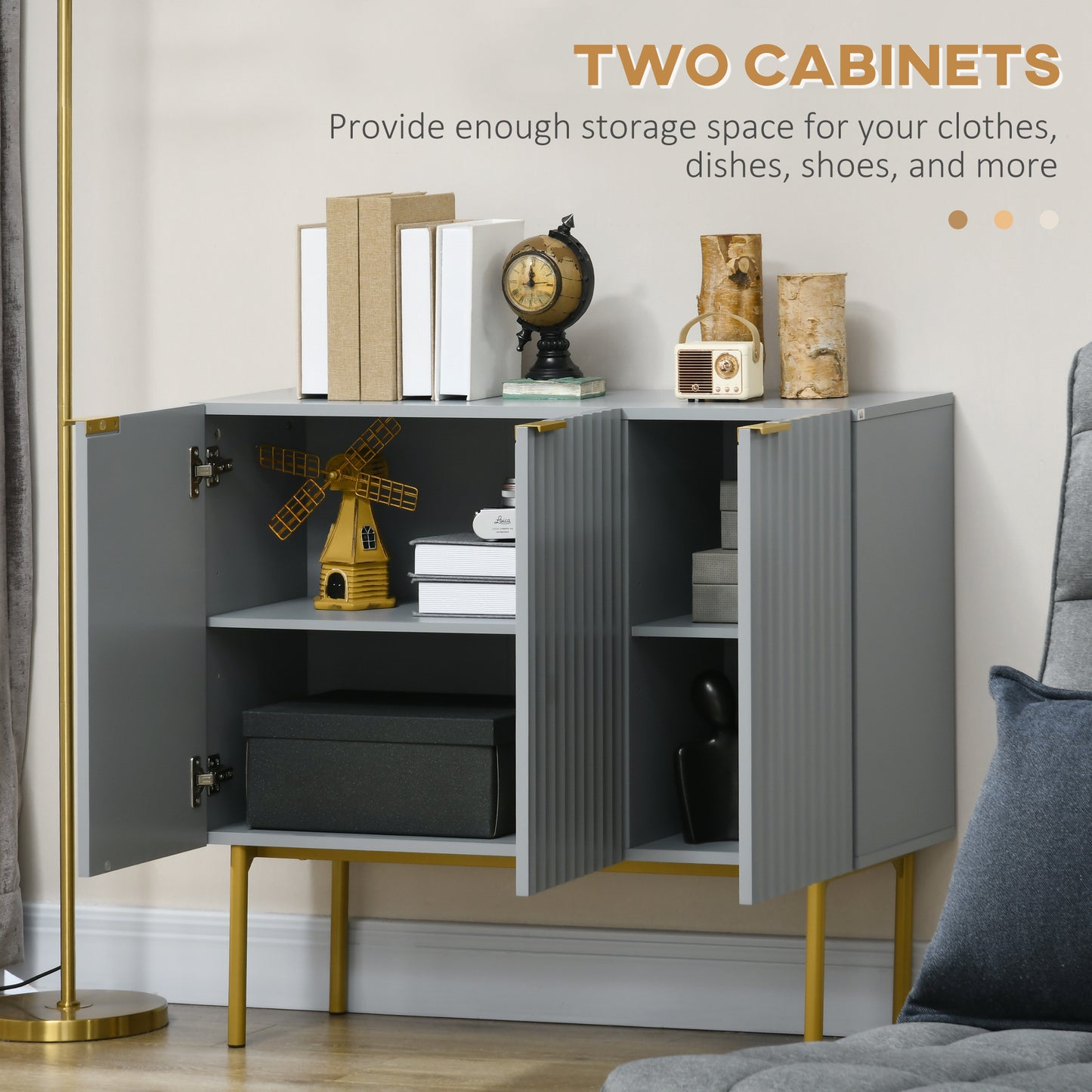 Modern Storage Cabinet Sideboard  with Gold Legs for Living Room Dining Room or Hallway Grey