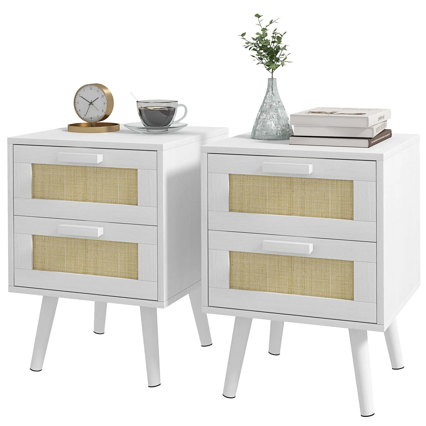 Boho Nightstands Set of 2 with 2 Drawers in White