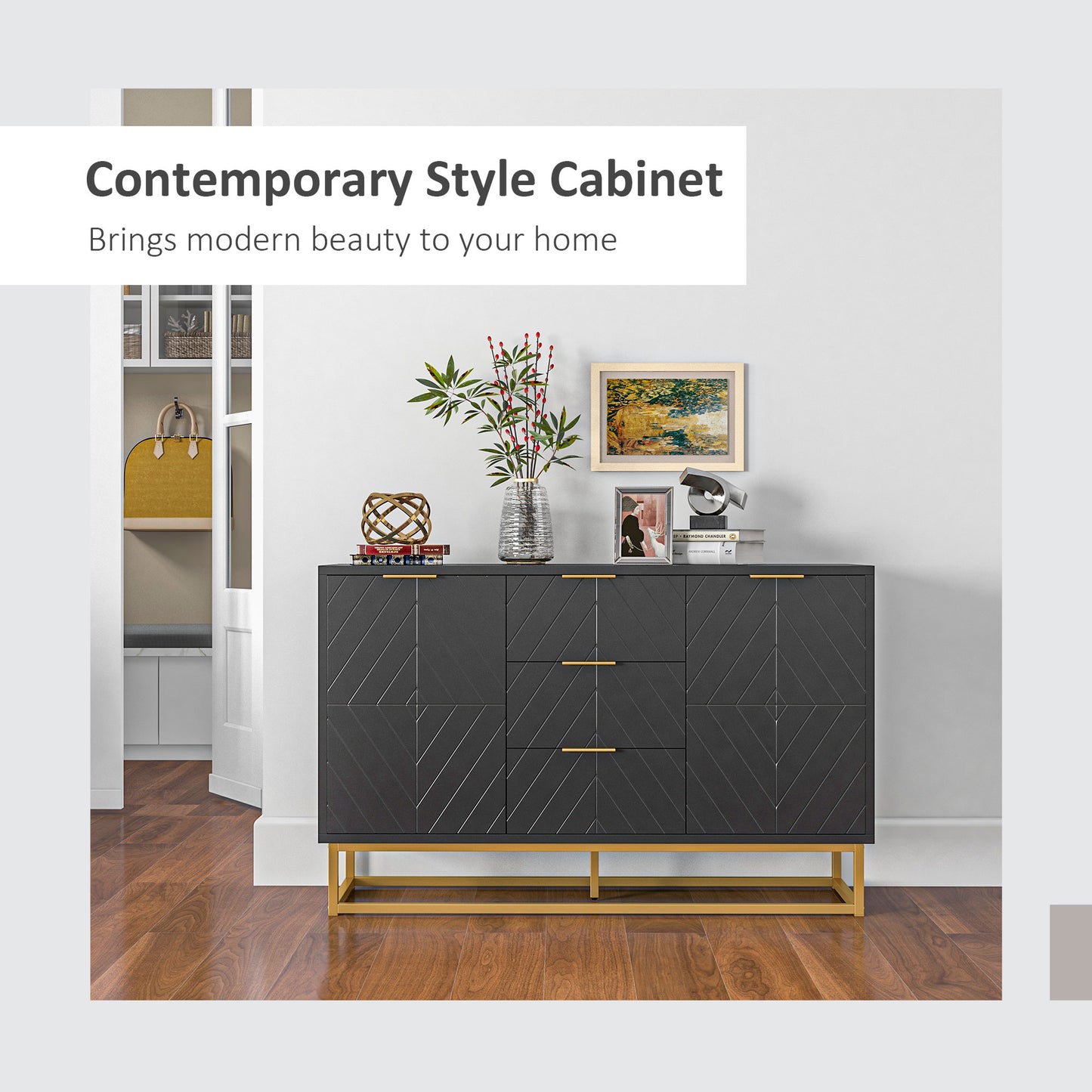 Sideboard Storage Cabinet with 3 Drawers, Adjustable Shelves and Doors, In Black