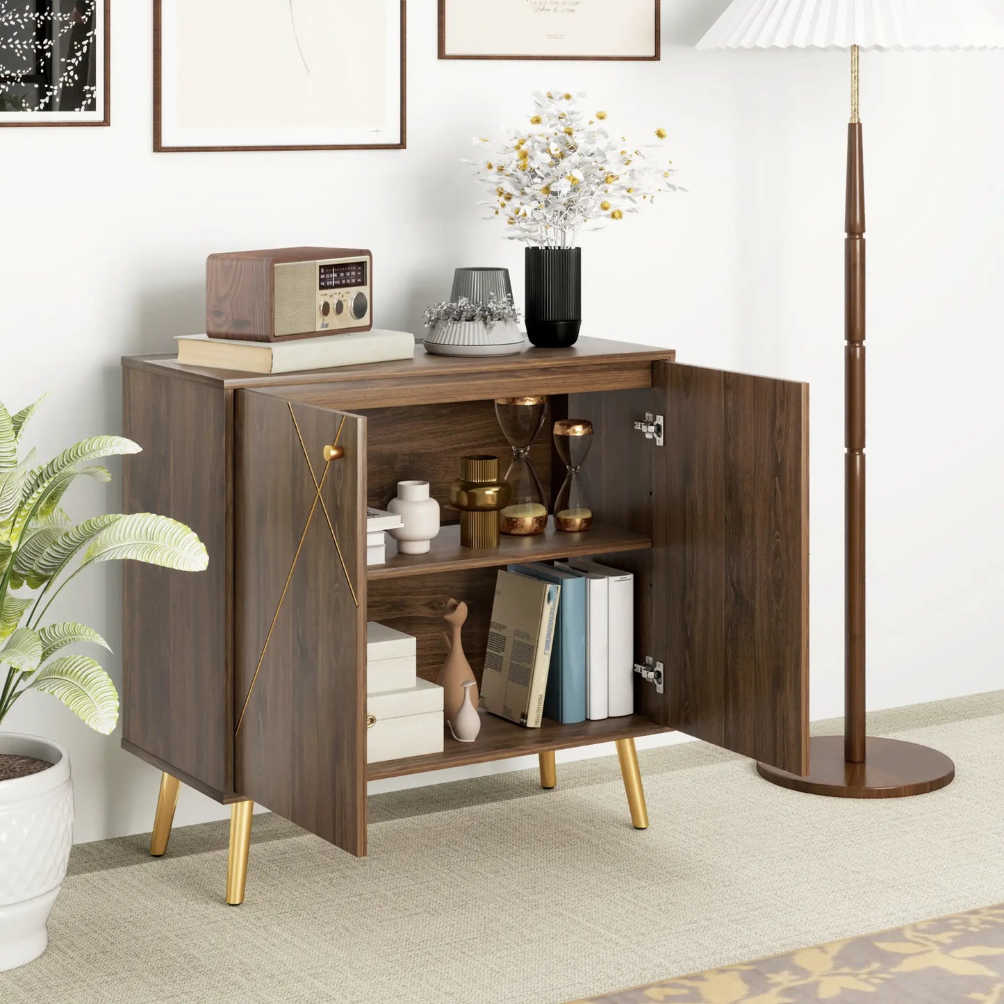 Sideboard Storage Cabinet with Luxurious Steel Lines, Brown