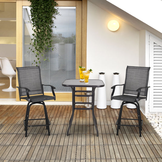 3 Piece Outdoor Patio Bar Set, 2 Swivel Stool and 1 Bar Table, All-Weather, Metal Frame for Balcony, Backyard, Deck, Grey