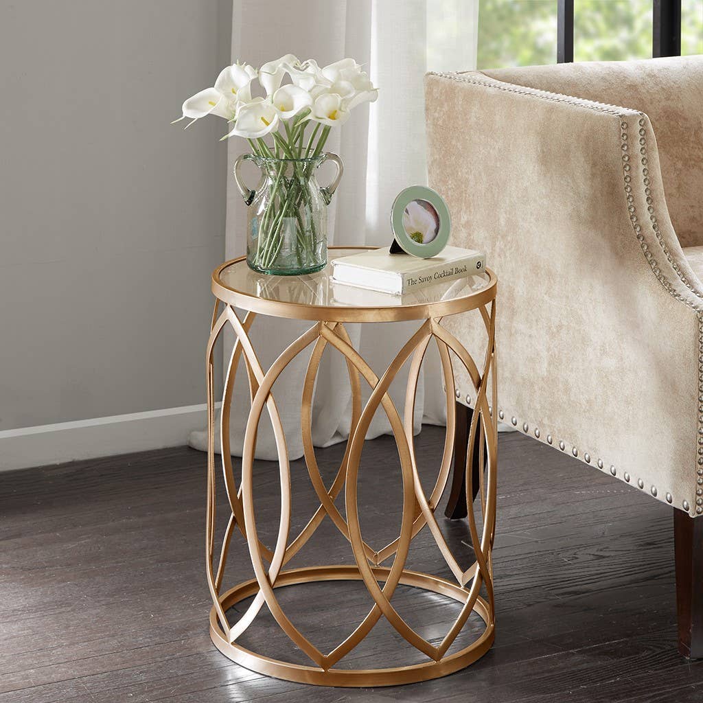 Glass Top Hollow Round Accent Table, Gold