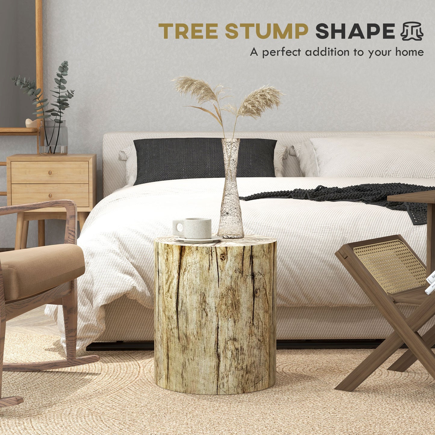 17" Tall Tree Stump End Table, Concrete Sofa Side Table for Indoor and Outdoor Use, Garden Stool, Natural