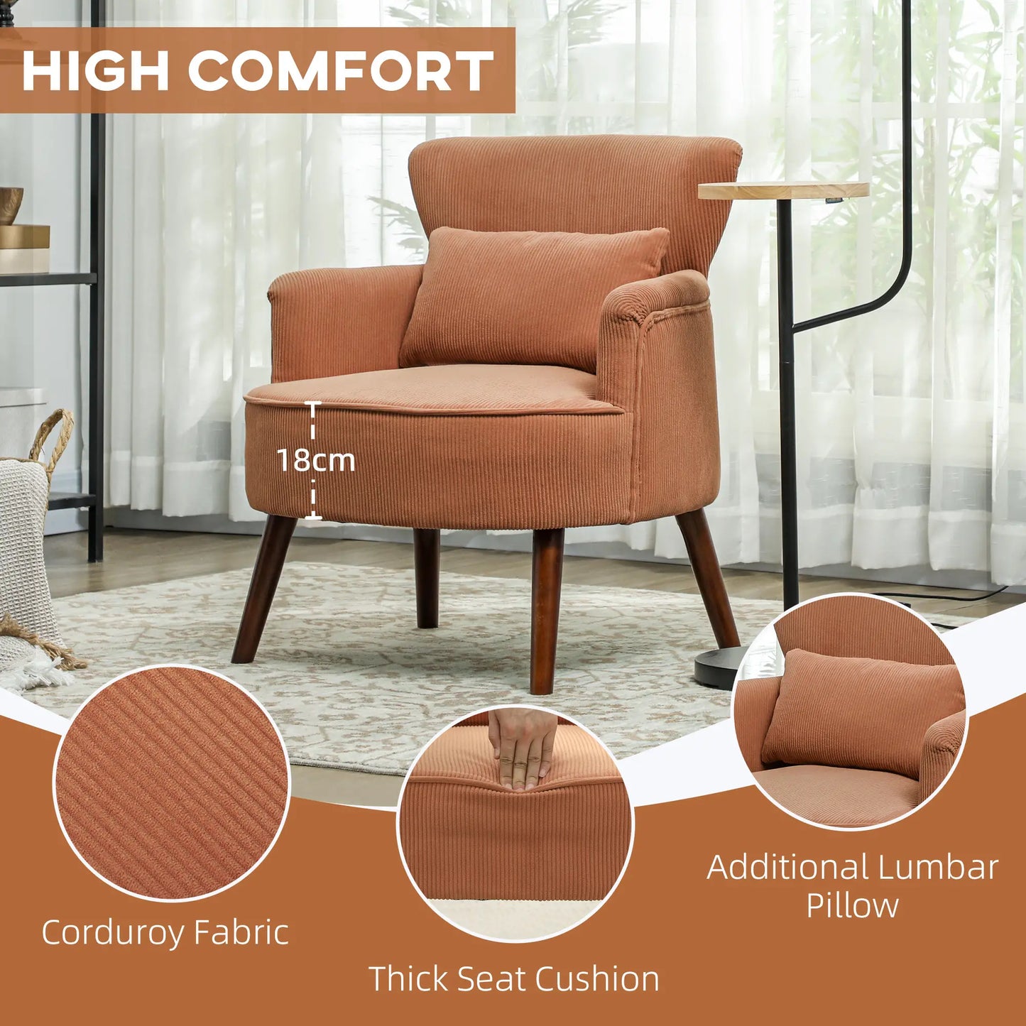 Modern Accent Chair with Solid Wood Legs and Lumbar Pillow for, Orange